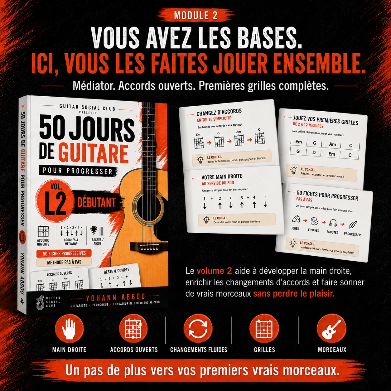 Programme du volume 2 pour stabiliser les accords ouverts, le médiator, les croches et les changements d'accords