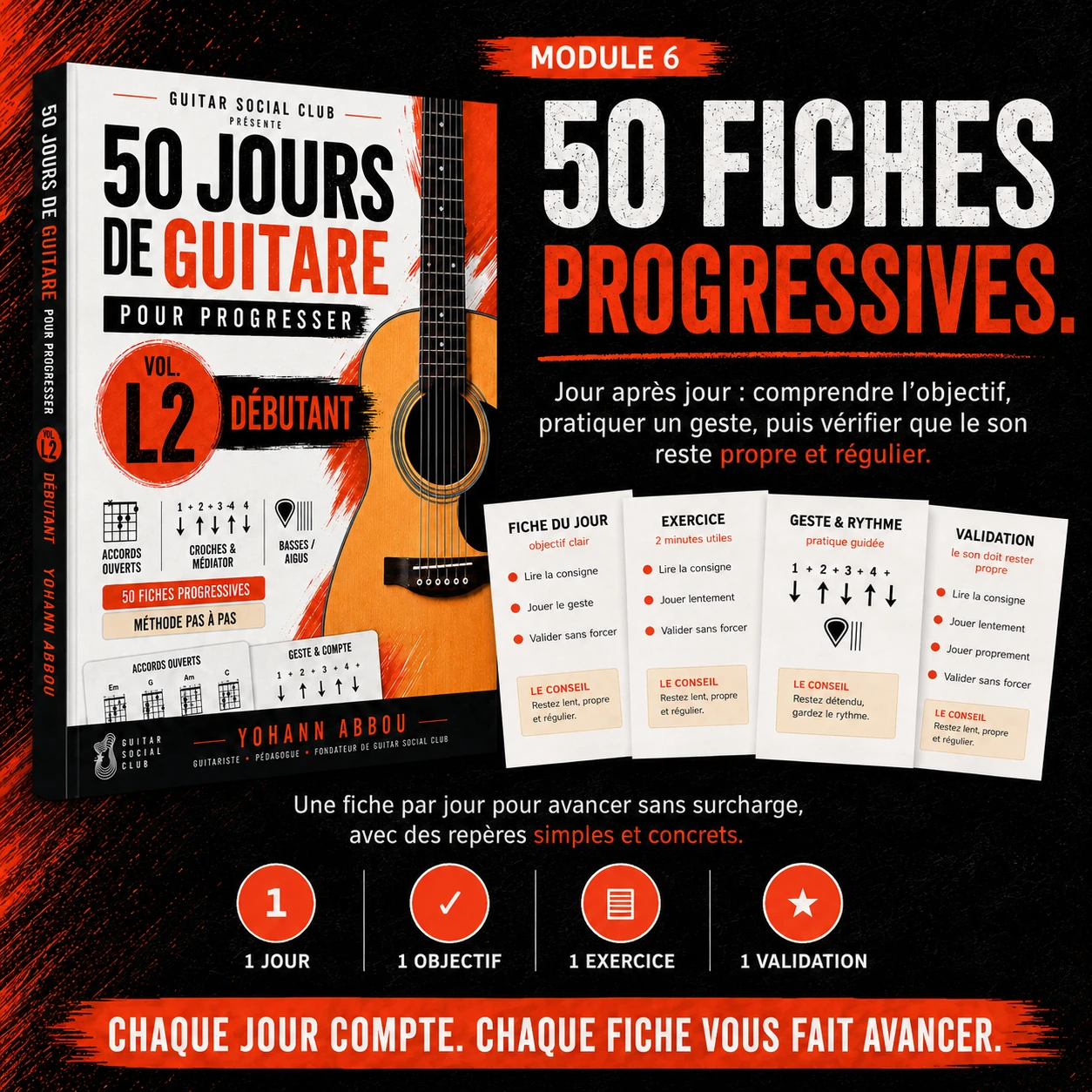 Vidéos pas à pas du volume 2 pour observer la main droite, les changements d'accords et les erreurs fréquentes