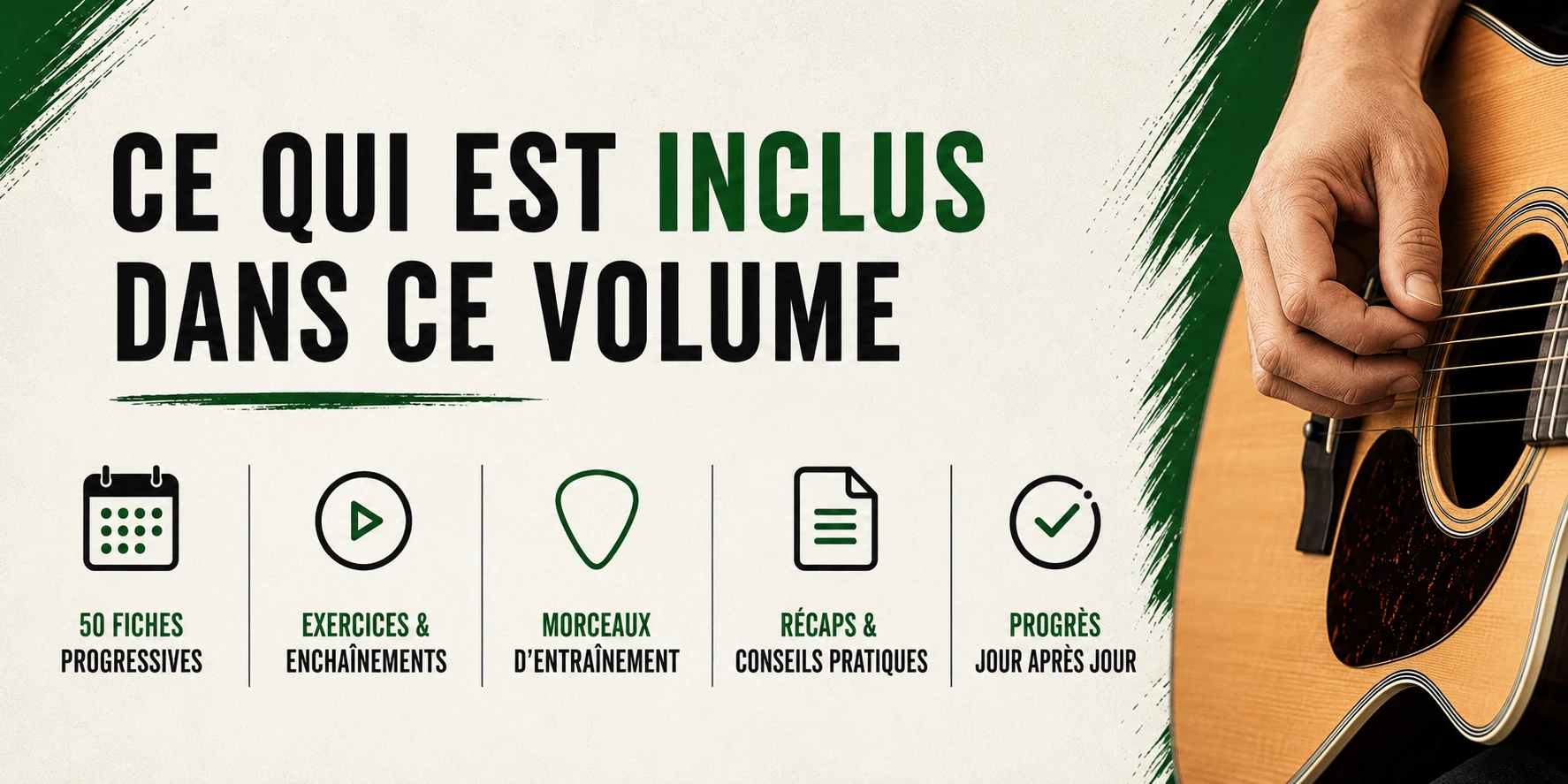 Programme du volume 3 pour enrichir l'accompagnement avec rythmiques liées, gestes fantômes, muting et accords enrichis