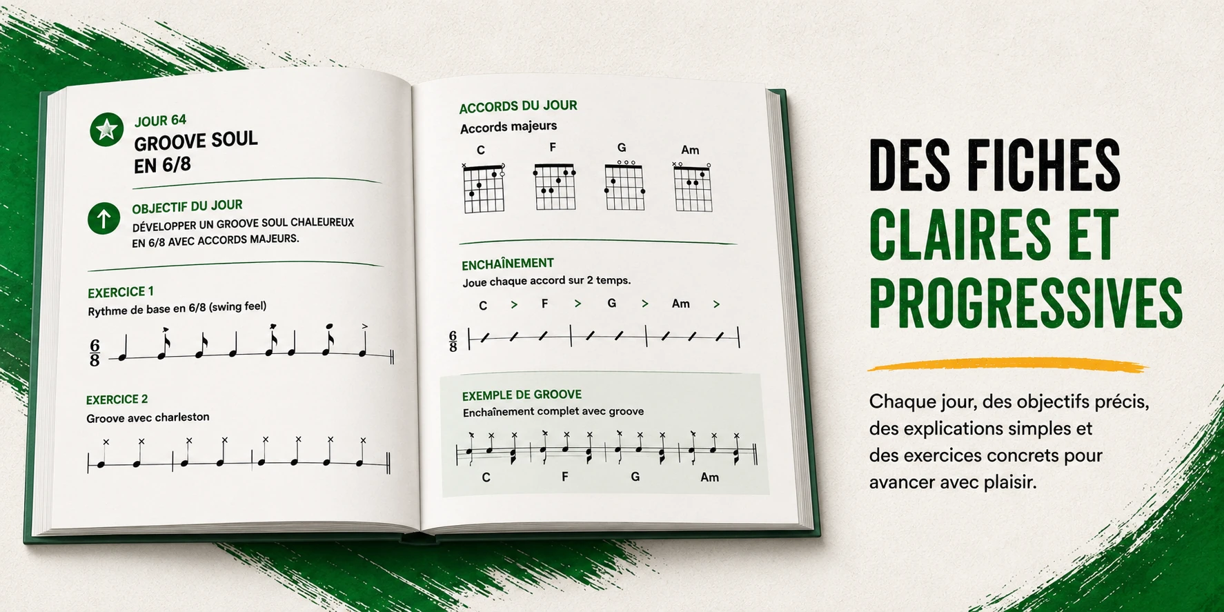 Exemple de fiche du volume 3 avec objectif, rythme, accords enrichis et application immédiate à la guitare