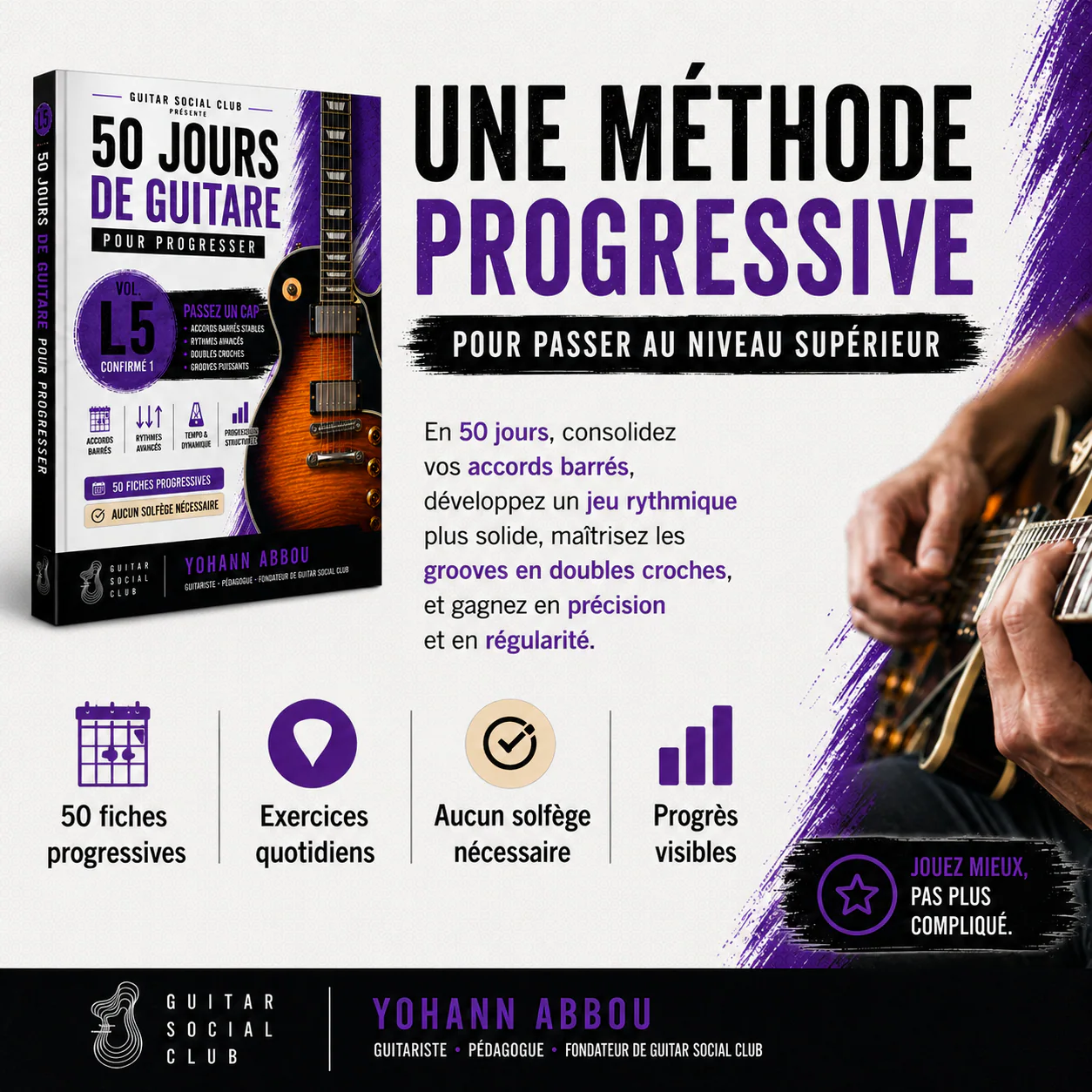 Programme du volume 5 pour consolider les barrés, les doubles croches, les syncopes, le muting et le groove