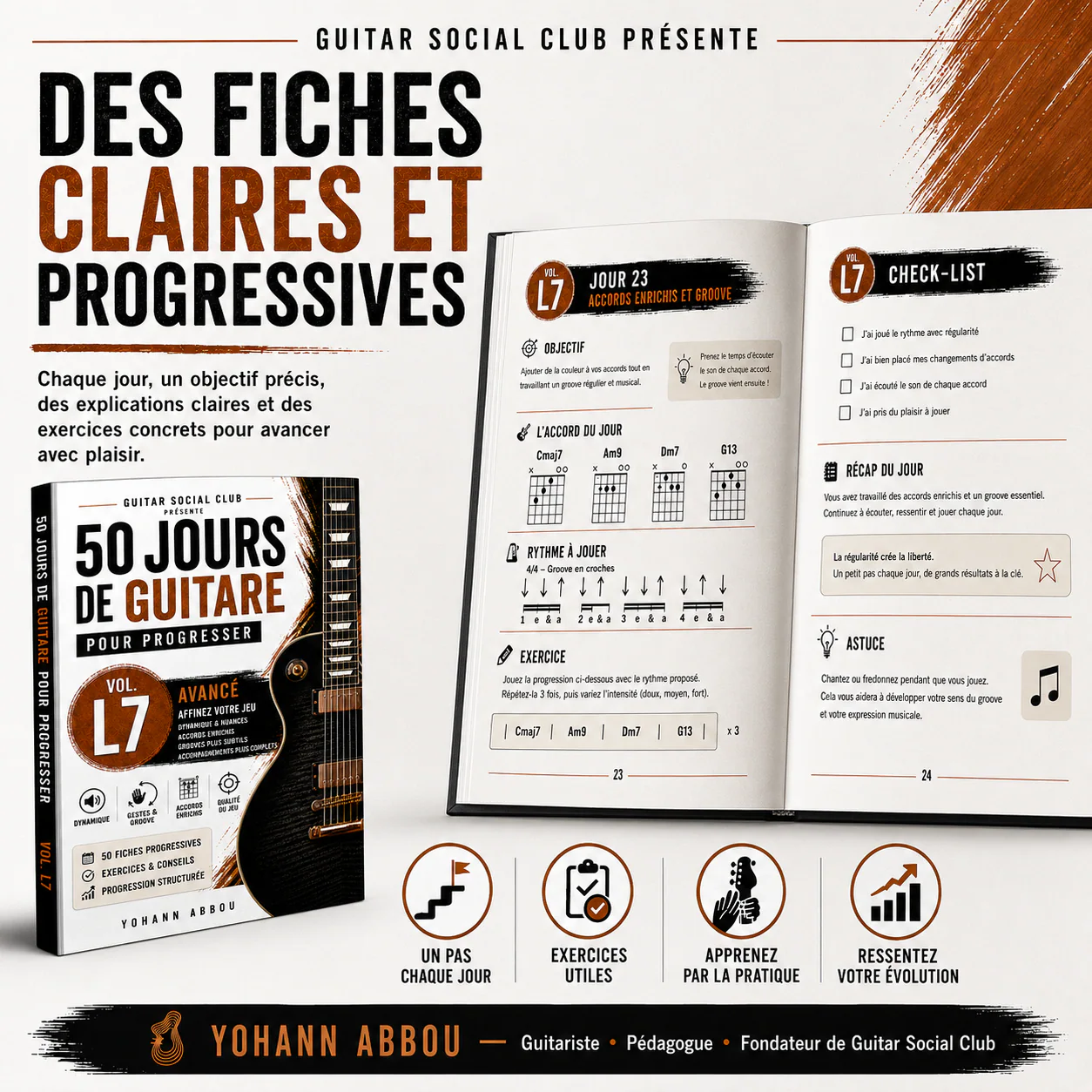 Exemple de fiche du volume 7 avec voicings, nuances, rythme, intention musicale et application immédiate à la guitare