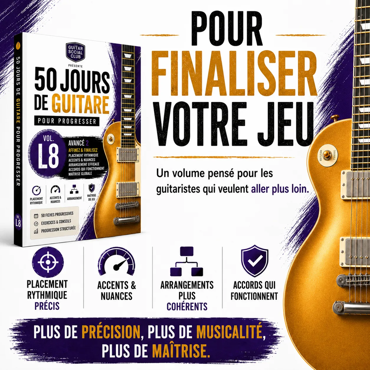 Volume 8 pensé pour les guitaristes qui veulent aller plus loin avec placement rythmique, nuances et arrangements