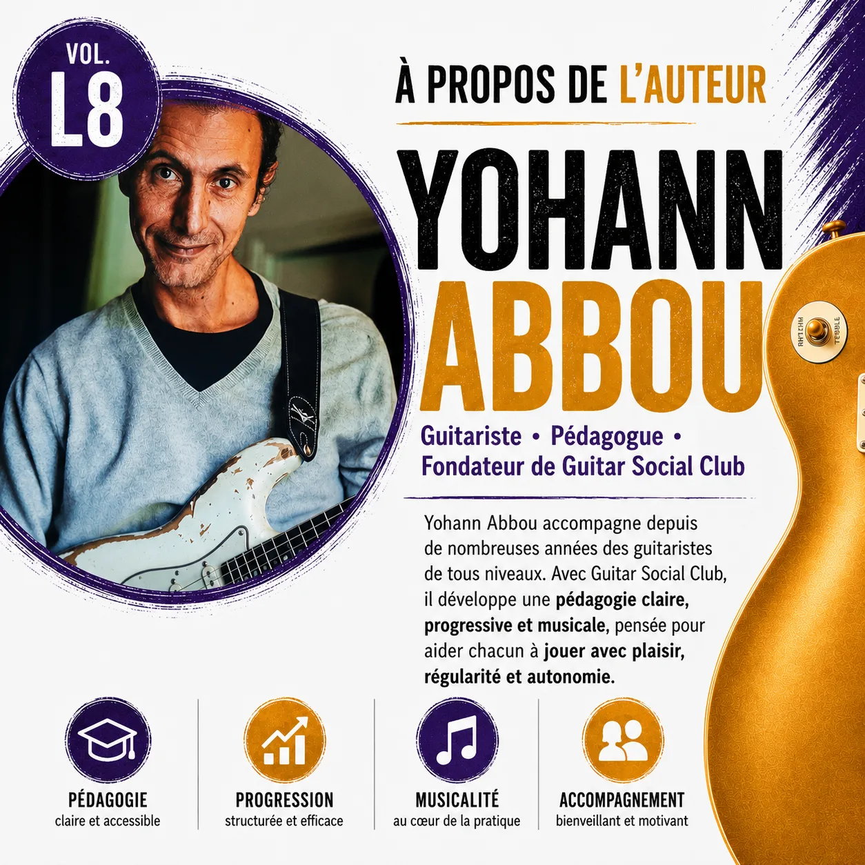 Volume 8 conçu par Yohann Abbou pour aider les guitaristes avancés à finaliser leur jeu rythmique et leurs accompagnements