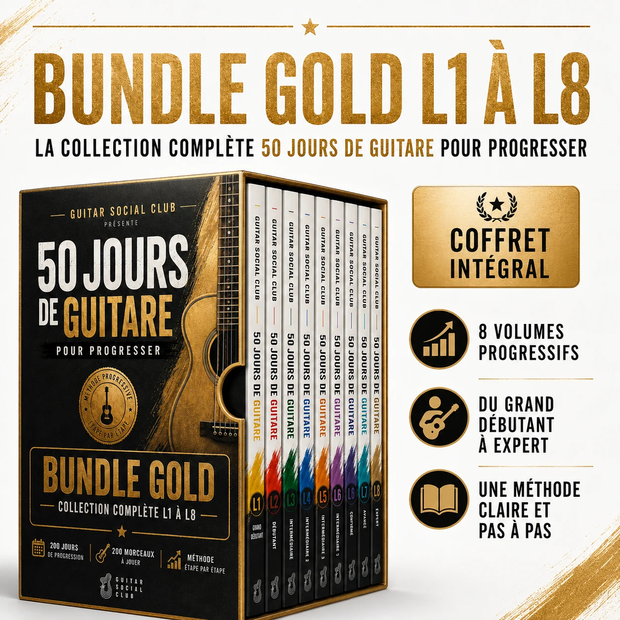 Présentation du Bundle Gold 50 jours de guitare pour progresser avec la collection complète L1 à L8