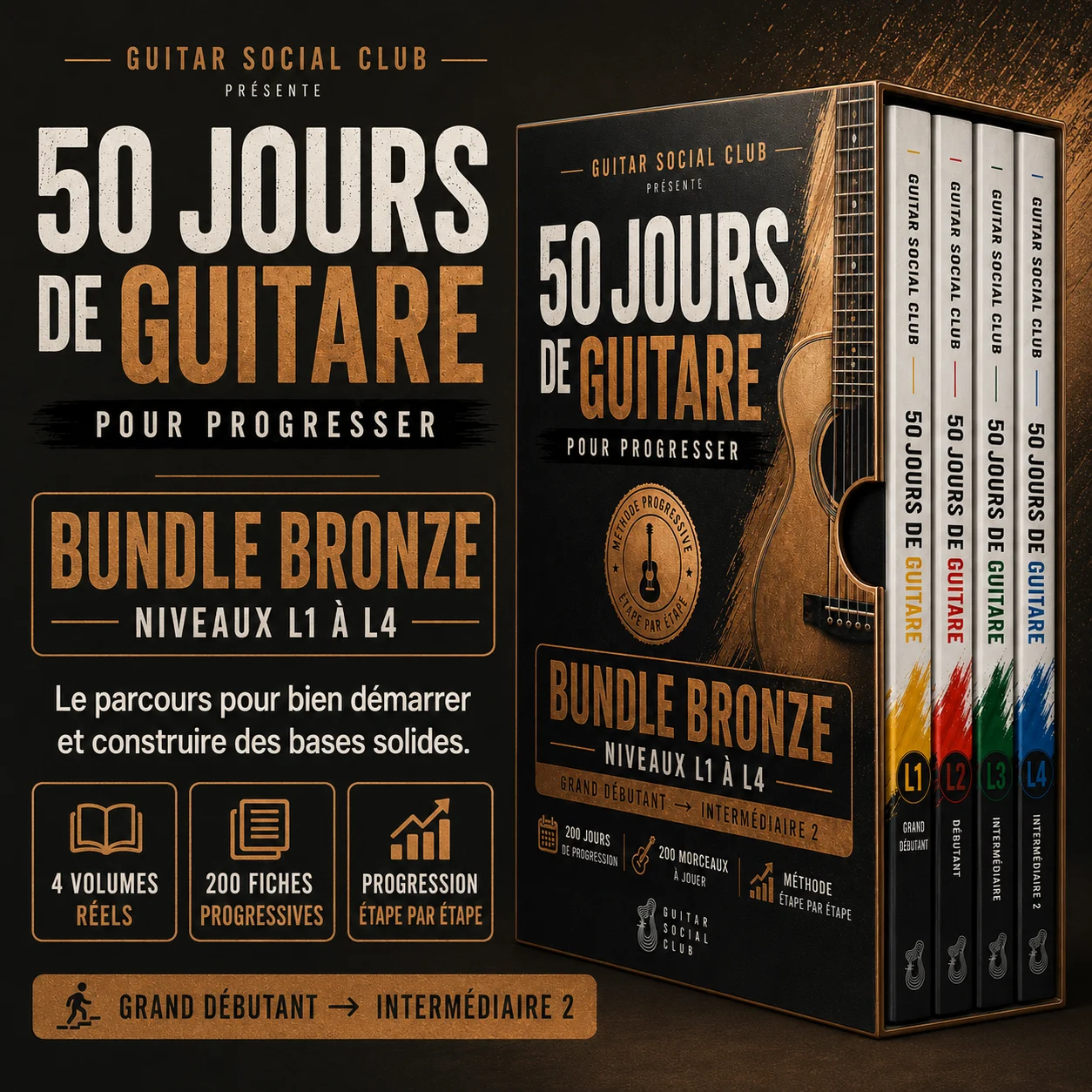 Présentation du Bundle Bronze 50 jours de guitare pour progresser avec les quatre premiers niveaux L1 à L4