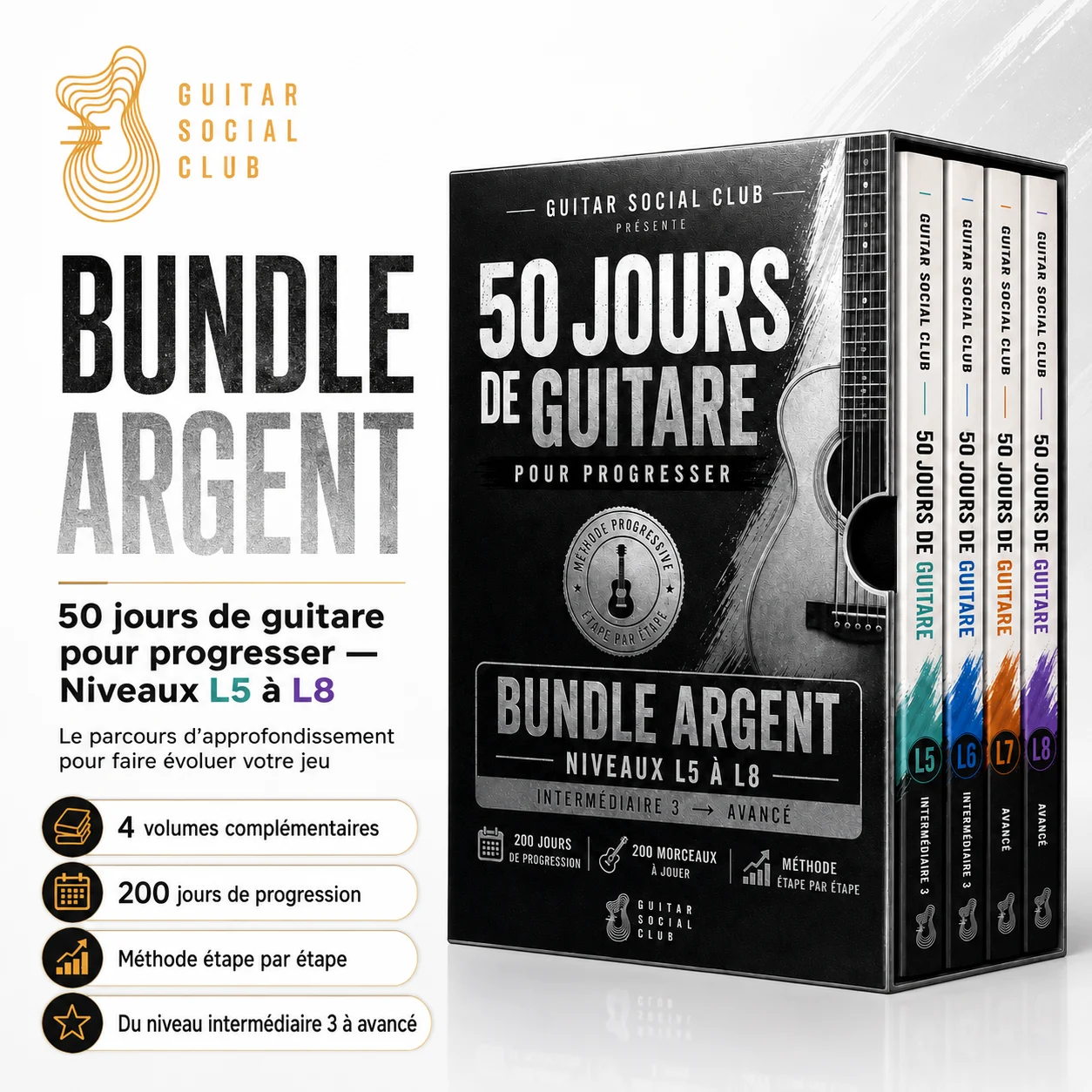 Présentation du Bundle Argent 50 jours de guitare pour progresser avec les quatre niveaux d’approfondissement L5 à L8