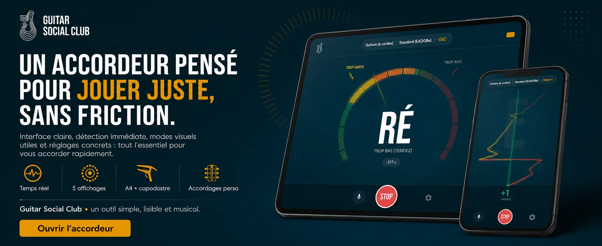 Accordeur guitare avec mode stroboscopique pour ajuster finement la justesse et repérer les écarts d’accordage