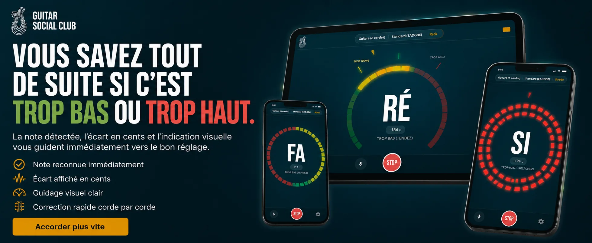 Accordeur GSC avec réglages précis, accordages alternatifs et repères utiles pour guitare acoustique ou électrique