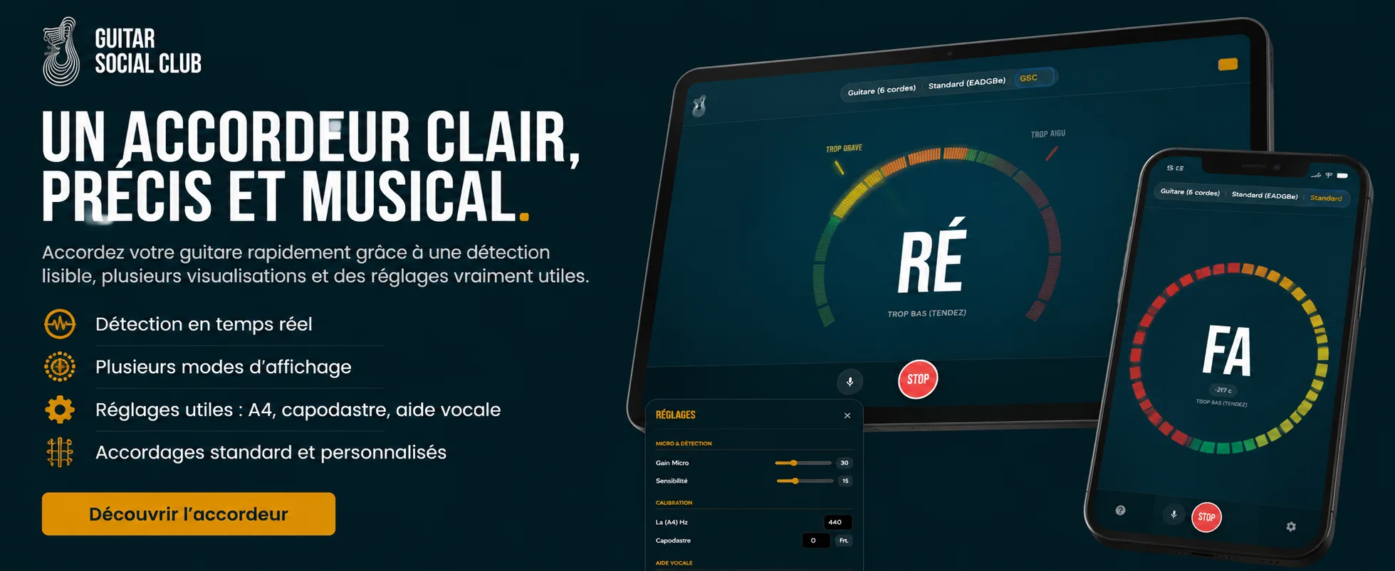 Interface de Accordeur mobile GSC pour l’app pour s’accorder vite, clairement et partout avec parcours et progression Guitar Social Club