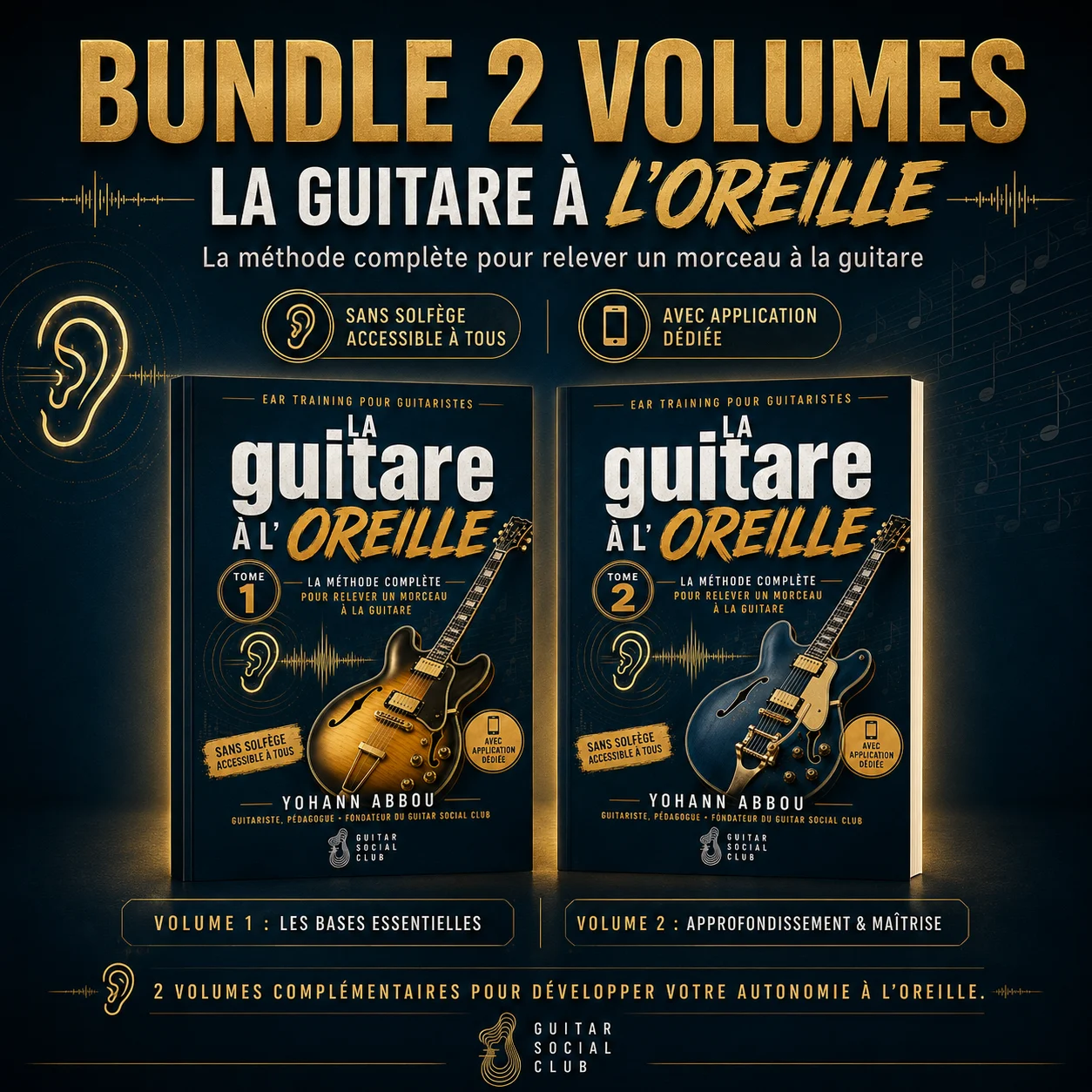 Présentation du bundle La guitare à l’oreille avec les deux volumes et la méthode complète pour relever un morceau