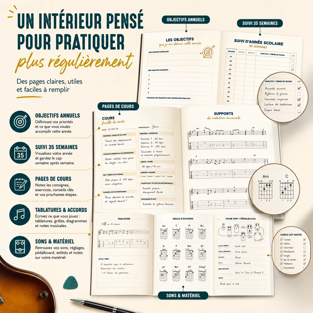 Organisation annuelle du guitariste avec objectifs, suivis et repères de progression