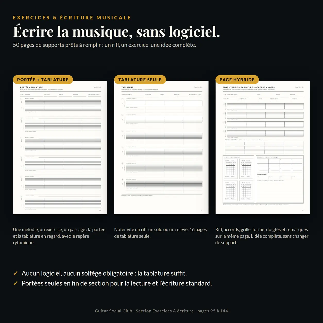 Pages portée + tablature, tablature seule et page hybride pour écrire la musique sans logiciel