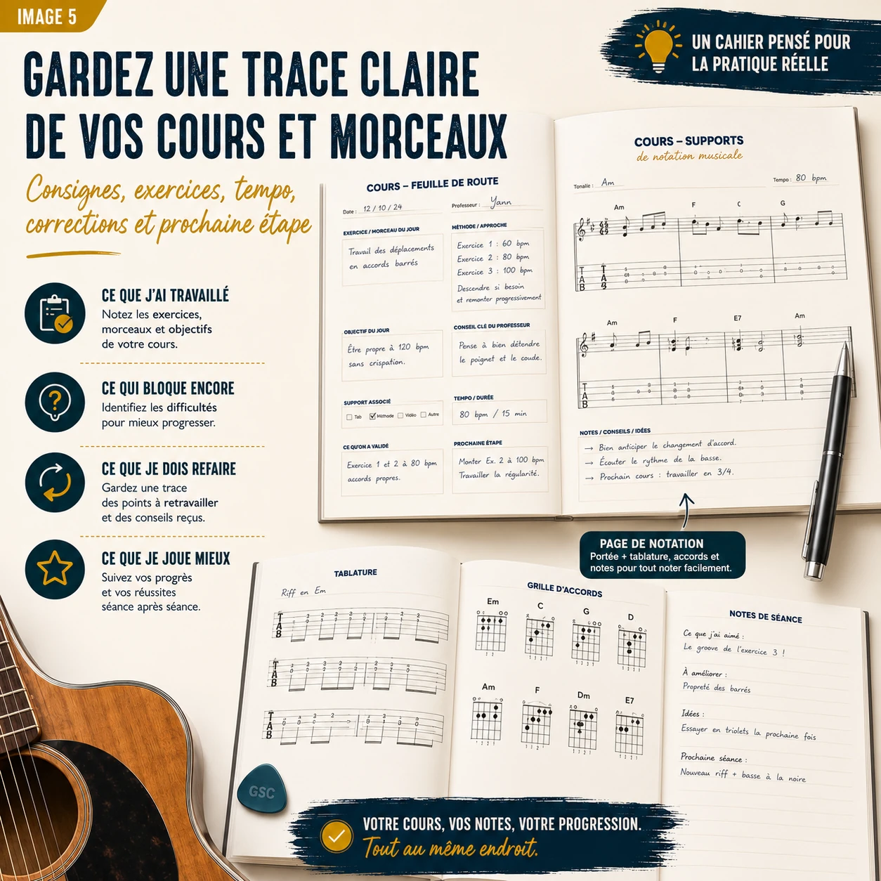 Pages de séances de travail pour planifier les exercices, le tempo et les prochaines actions