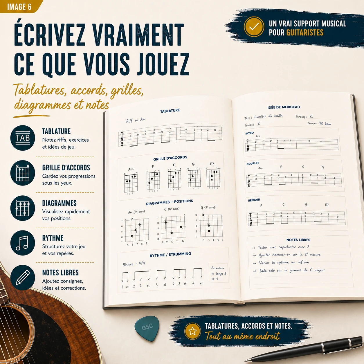 Pages pour suivre les morceaux, grilles, riffs, paroles et éléments à mémoriser à la guitare
