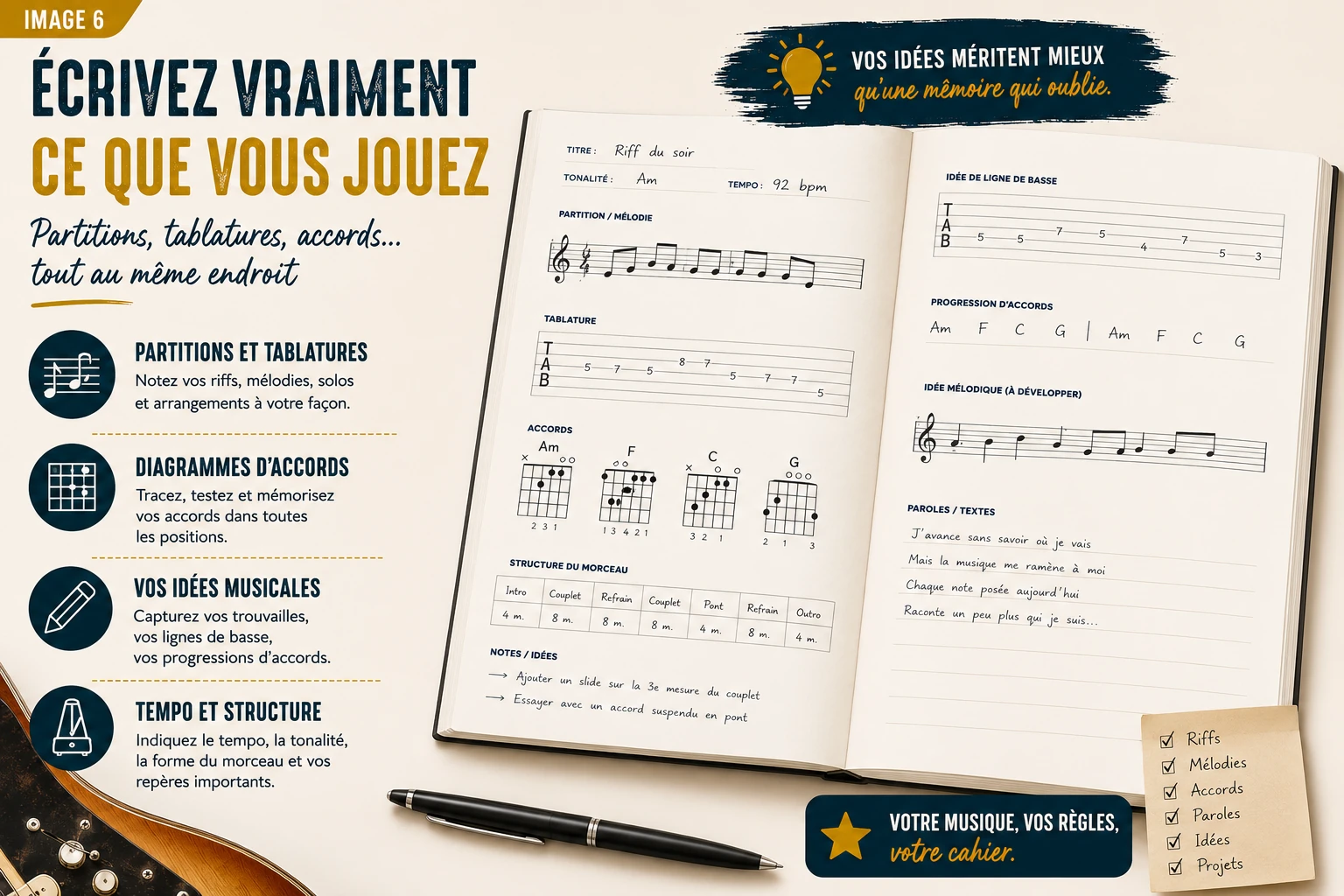 Objectifs et progression du guitariste pour visualiser les priorités et les progrès sur l'année