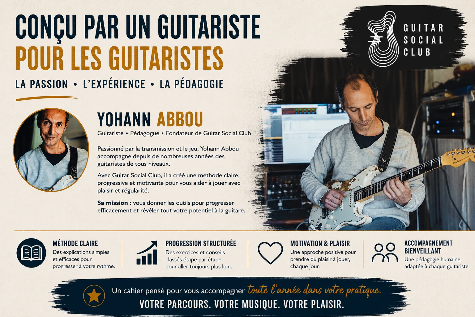 Cahier annuel du guitariste conçu par Yohann Abbou pour structurer les cours, les idées et la progression