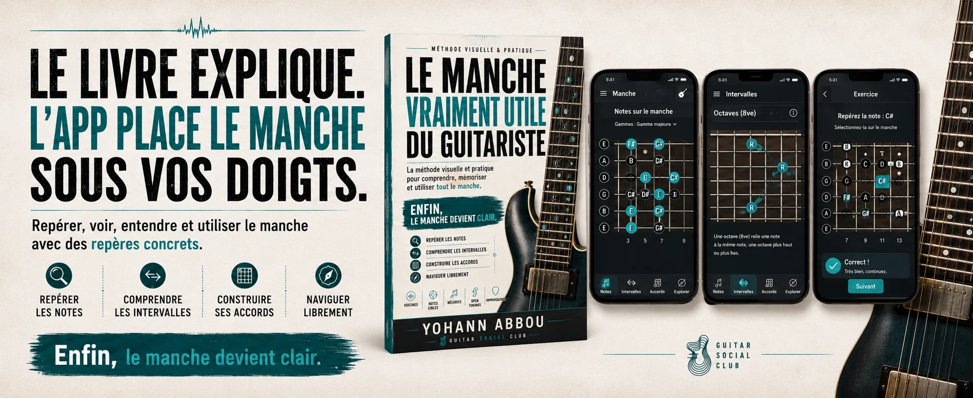 Application compagnon Le manche vraiment utile avec manche interactif, intervalles et exercice de repérage des notes