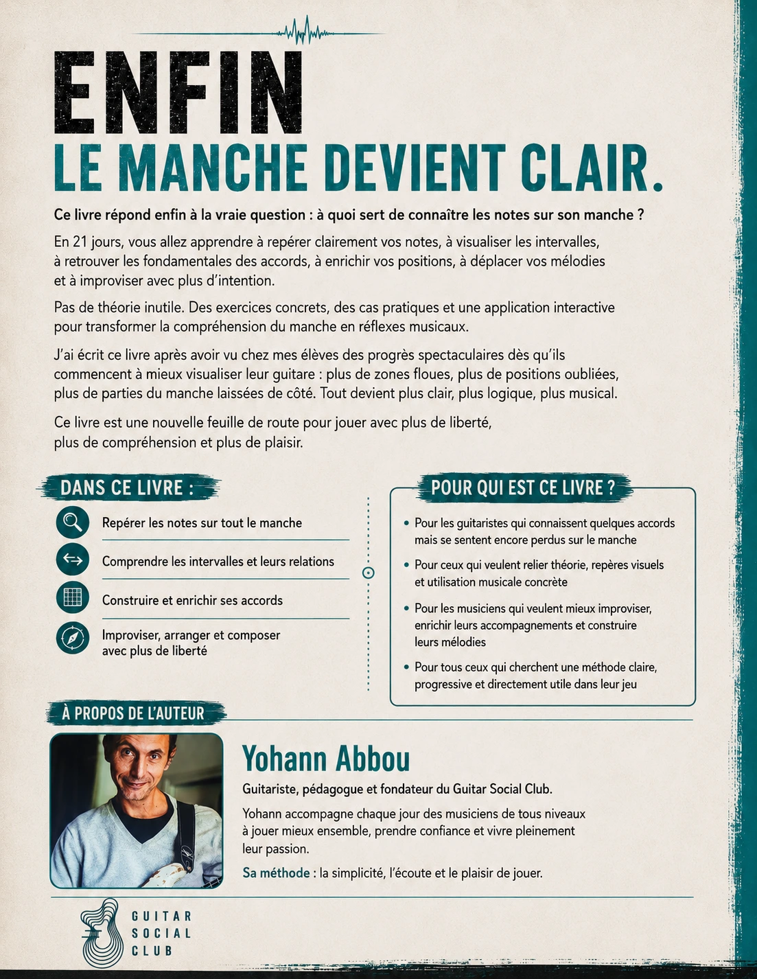 Quatrième de couverture du livre Le manche vraiment utile du guitariste avec programme, public visé et présentation de Yohann Abbou
