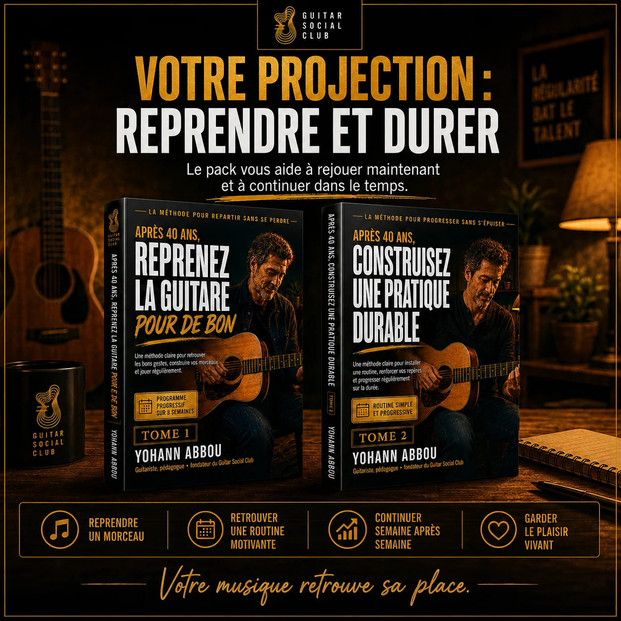 Image visualiseur du pack Reprenez la guitare pour de bon présentant la méthode progressive en deux volumes