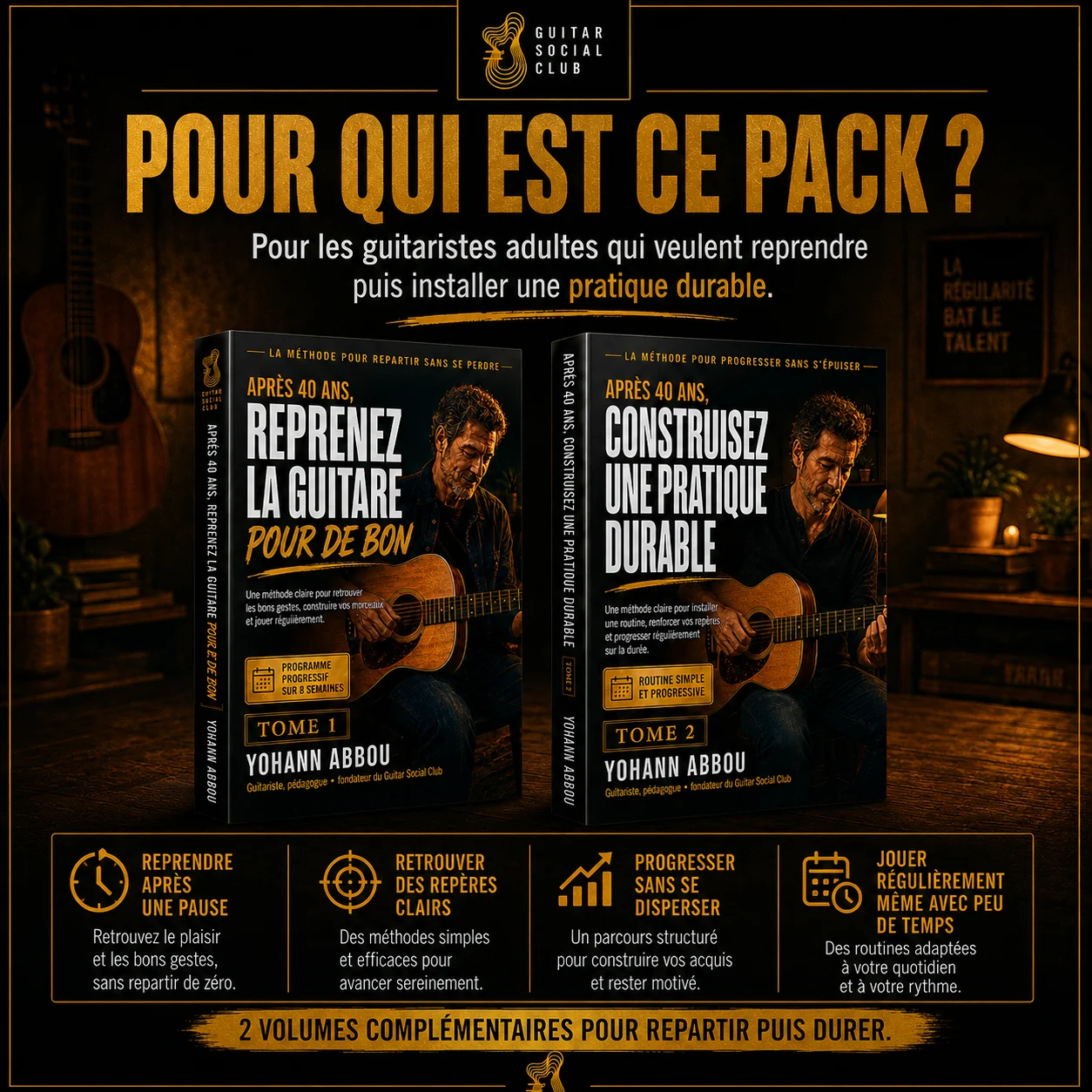 Image visualiseur du pack montrant la continuité entre le volume 1 et le volume 2 de la méthode de reprise guitare