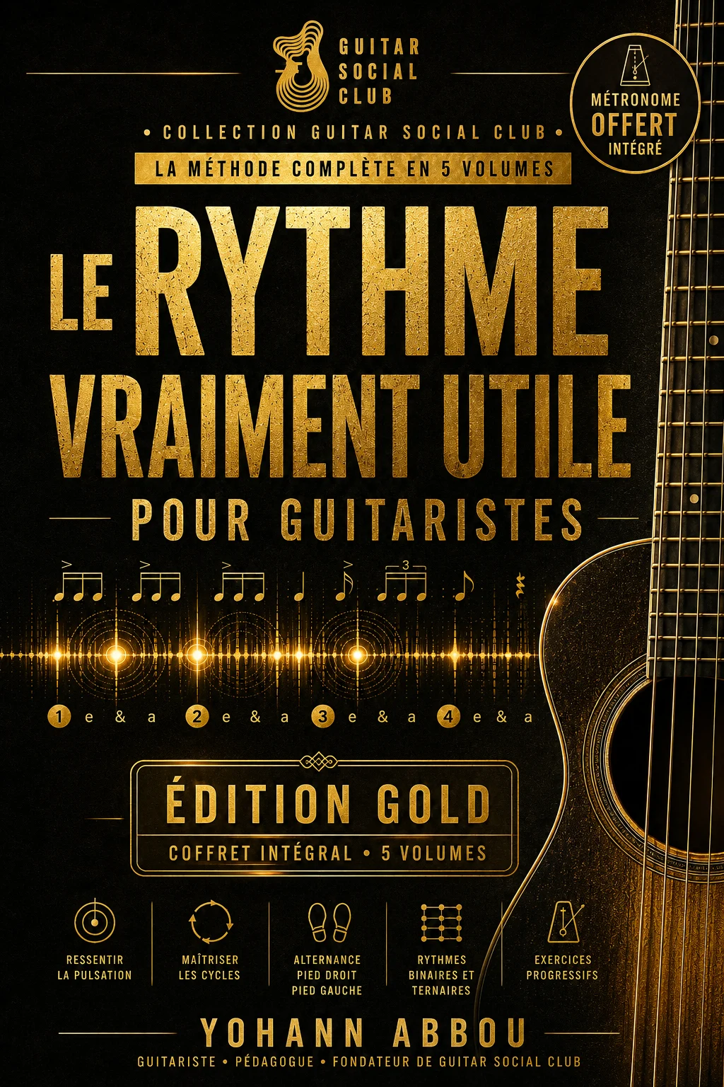 Pochette du pack Le rythme vraiment utile pour guitaristes réunissant les 5 volumes de la méthode rythme GSC avec app métronome compagnon