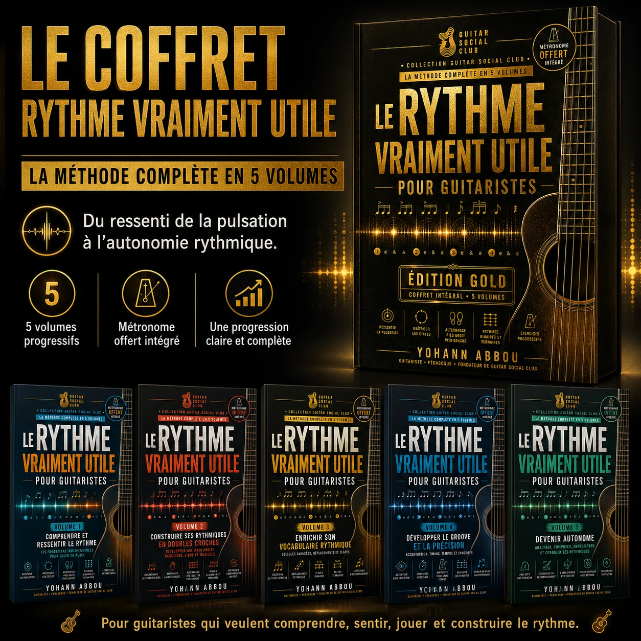 Présentation du bundle Le rythme vraiment utile pour guitaristes avec 5 volumes et app métronome compagnon