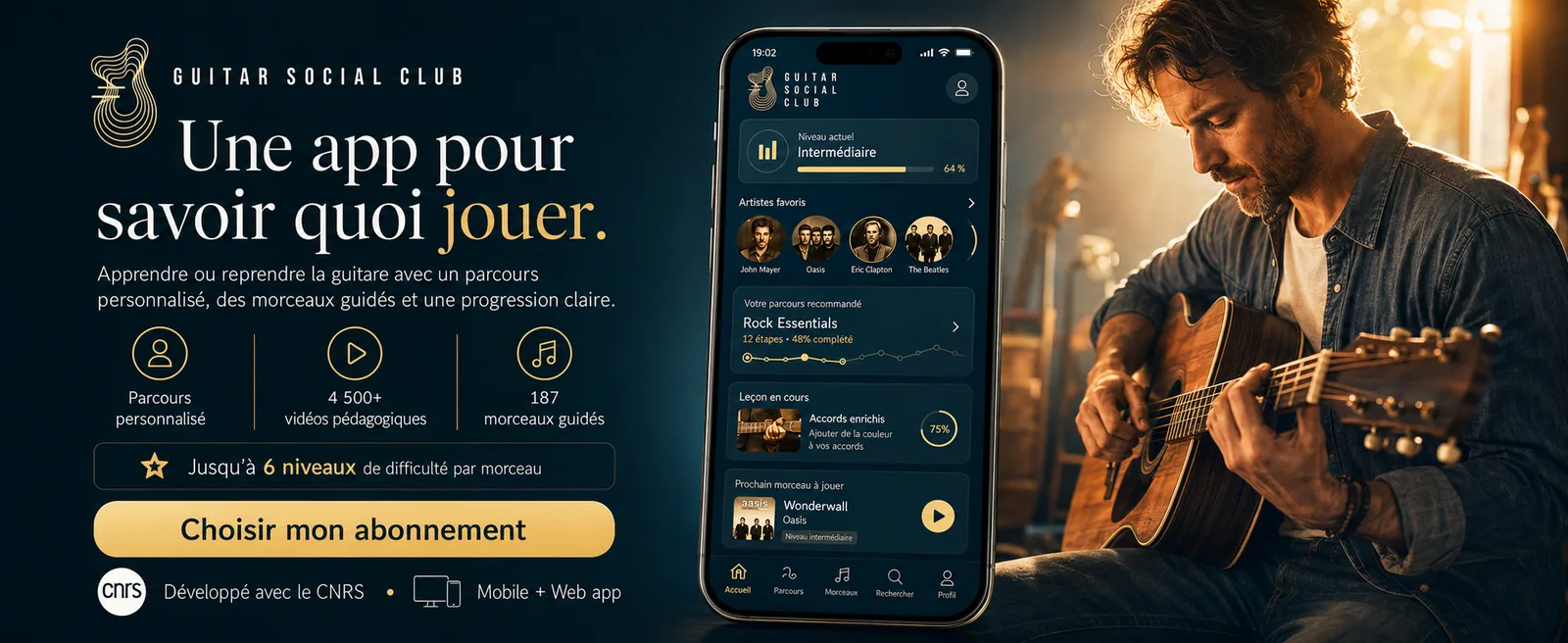 Guitar Social Club, application guitare pour apprendre avec un parcours personnalisé, des morceaux guidés, des vidéos et un suivi de progression