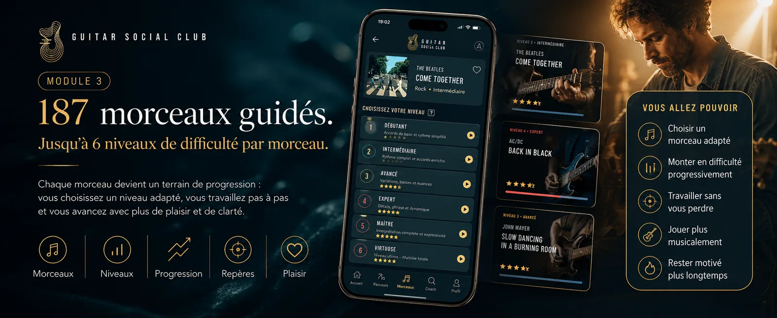 Guitar Social Club propose plus de cent quatre-vingt-sept morceaux guidés avec plusieurs niveaux de difficulté pour progresser à la guitare