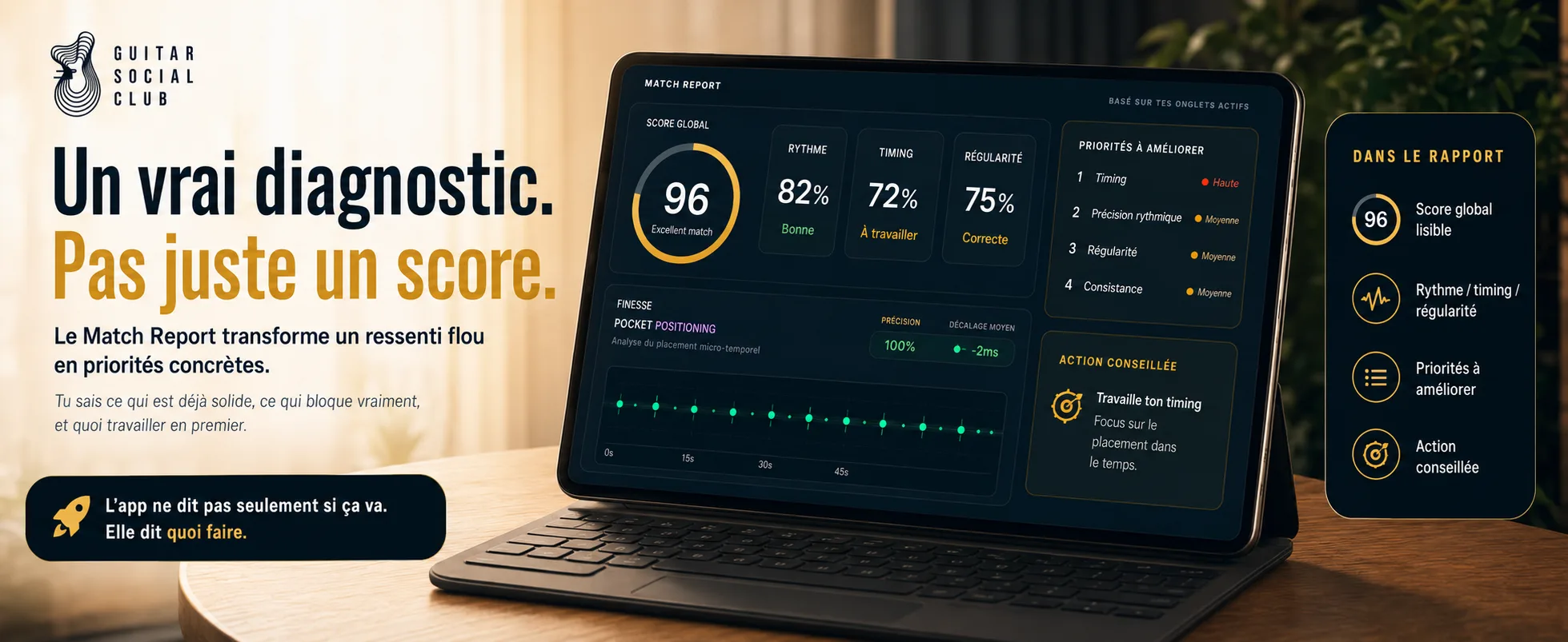 Guitar Match & Play transforme l’analyse en repères concrets pour travailler le groove et la régularité