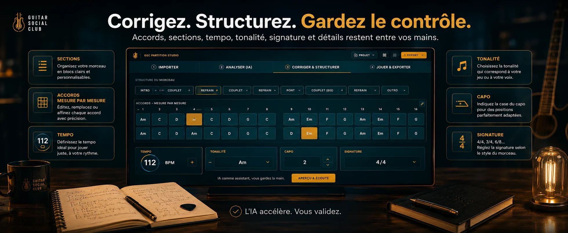Guitar Partition Studio permet de créer une grille d’accords claire pour travailler et partager un morceau