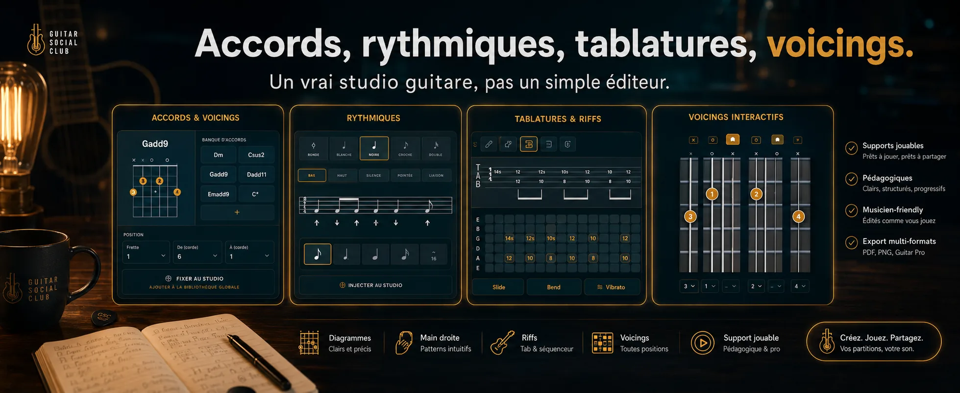 Guitar Partition Studio relie accords, rythme et structure pour préparer un support de travail guitare complet
