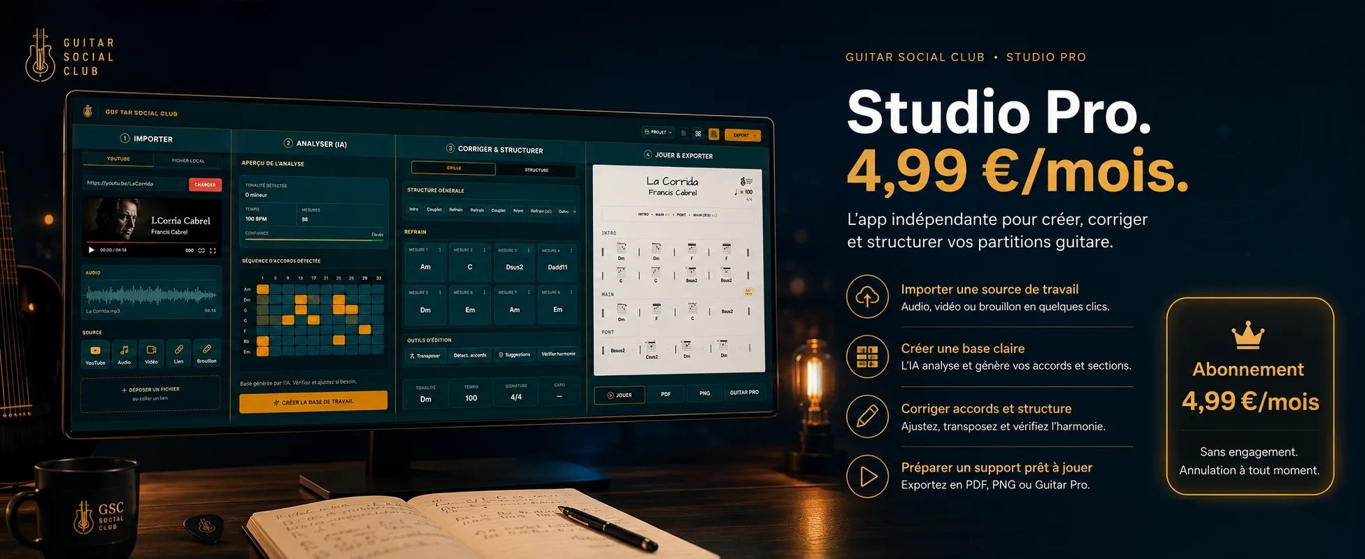 Guitar Partition Studio transforme une idée de morceau en fiche lisible avec les informations utiles pour jouer
