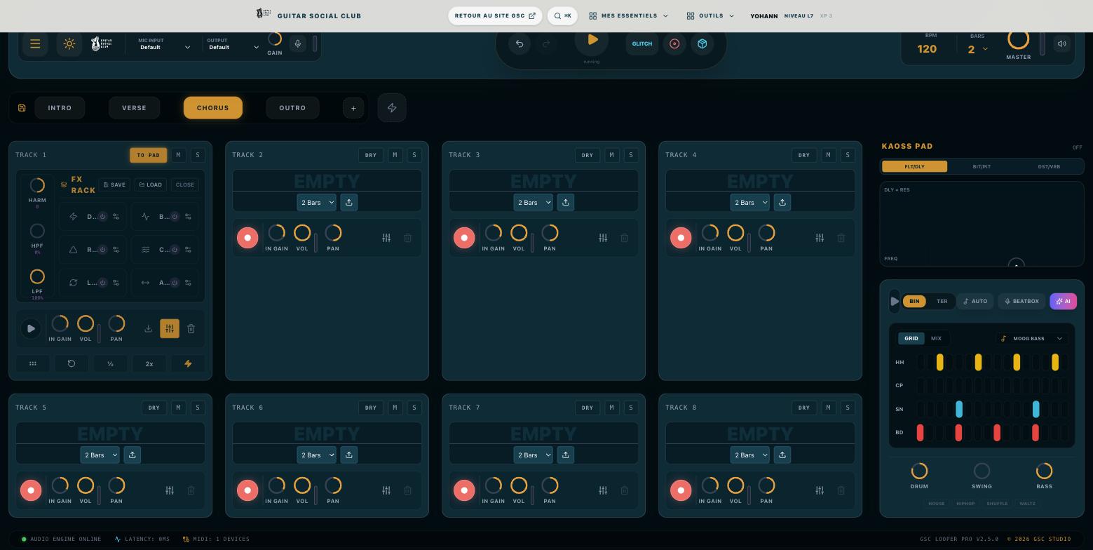 Jam Studio : rack d’effets déployé sur une piste