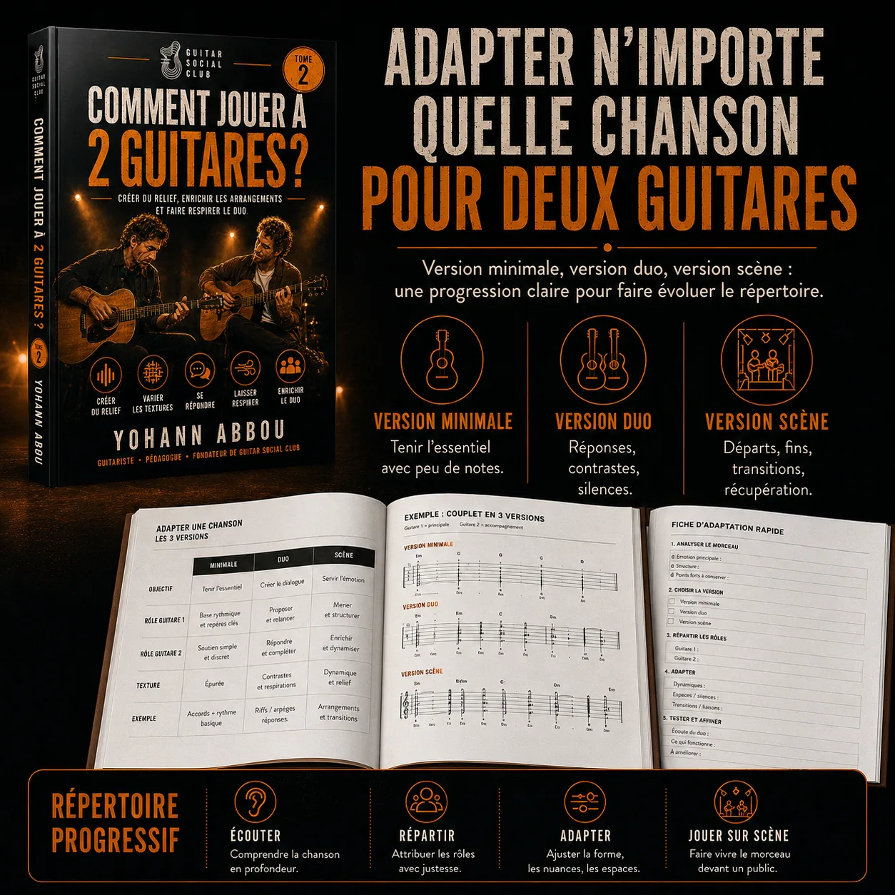 Adaptation de n’importe quelle chanson pour deux guitares avec version minimale, version duo et version scène