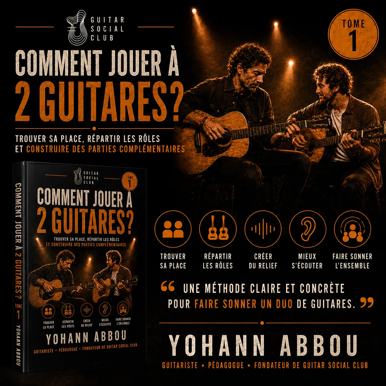 Présentation du livre Comment jouer à 2 guitares tome 1 pour trouver sa place, répartir les rôles et construire des parties complémentaires