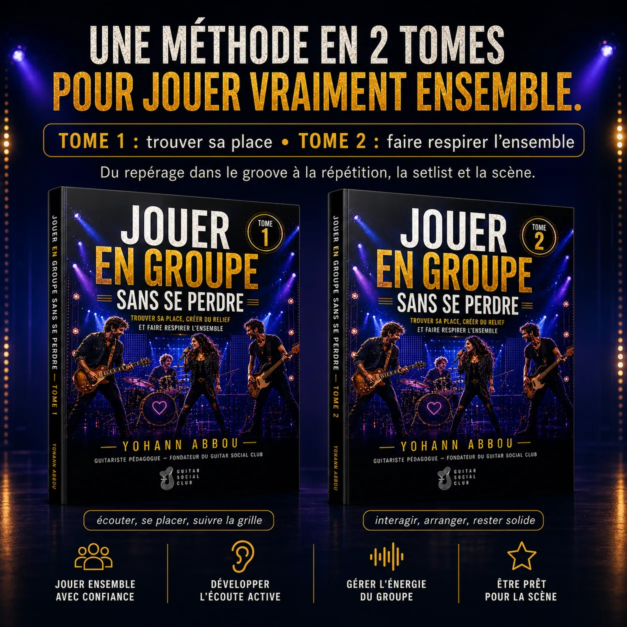 Présentation de la méthode Jouer en groupe sans se perdre en deux tomes pour jouer vraiment ensemble du groove à la scène