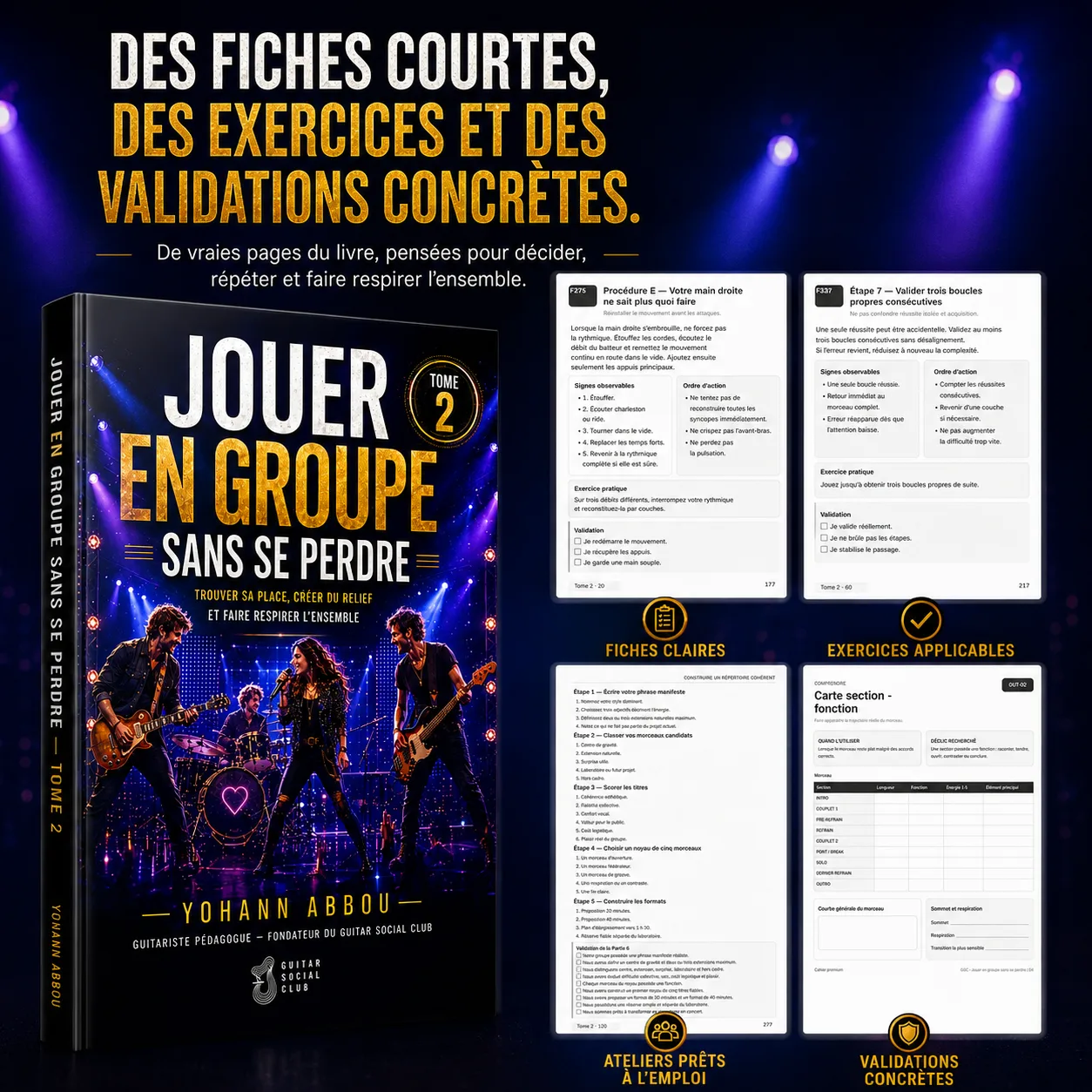 Aperçu des fiches courtes, exercices et validations concrètes du tome 2 pour répéter et faire respirer le groupe