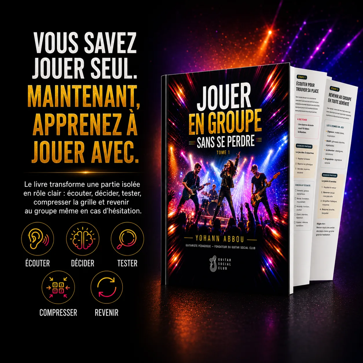 Méthode pour passer du jeu seul au jeu avec d’autres musiciens en apprenant à écouter, décider, tester, compresser et revenir