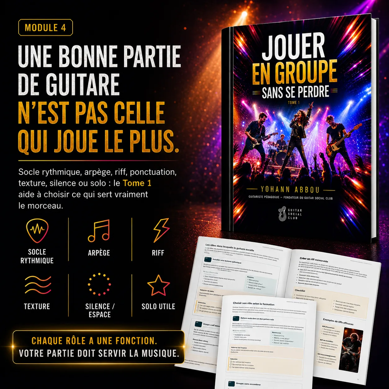 Rôles possibles de la guitare en groupe avec socle rythmique, arpège, riff, texture, silence et solo utile