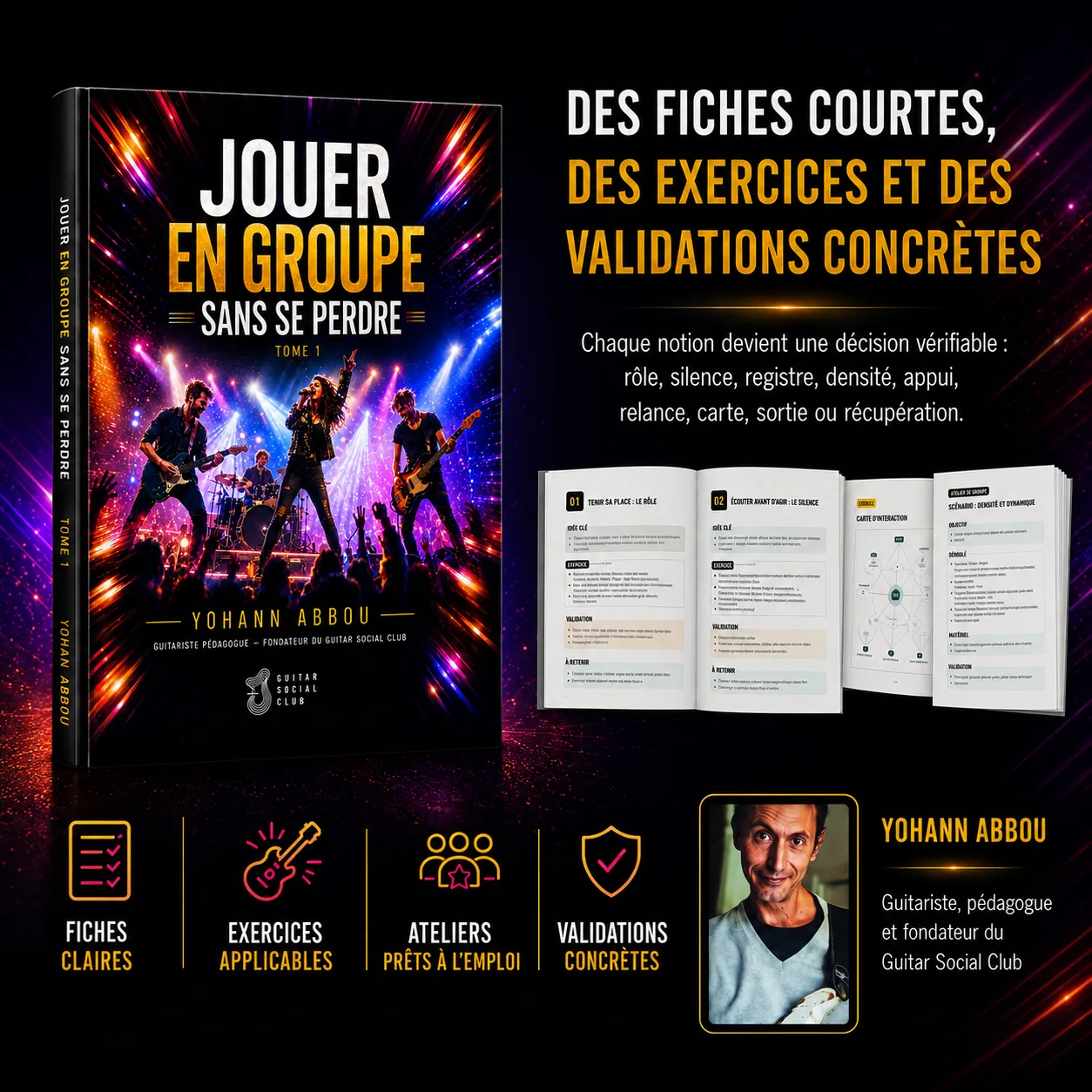 Aperçu des fiches courtes, exercices applicables, ateliers prêts à l’emploi et validations concrètes du livre Jouer en groupe sans se perdre