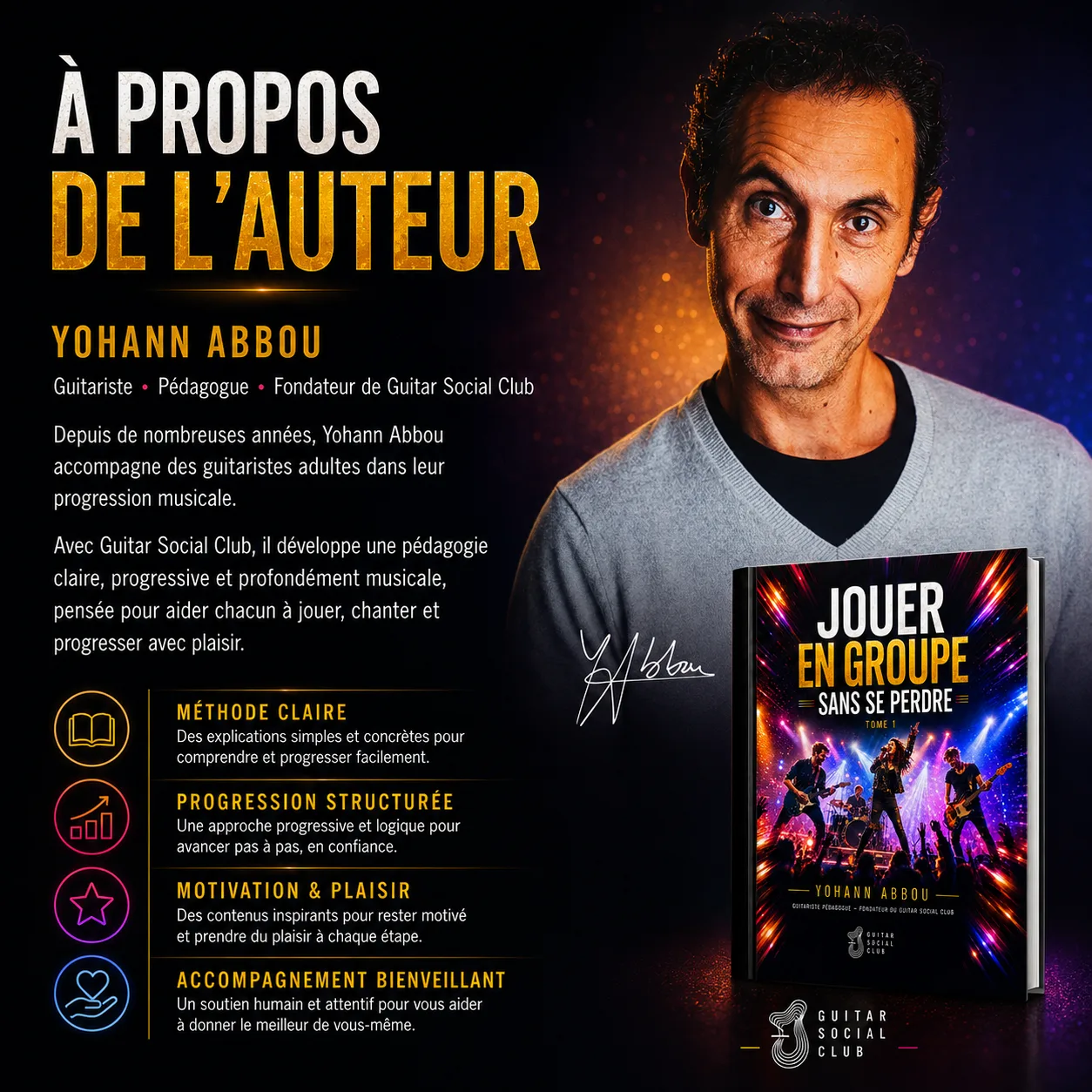 Livre Jouer en groupe sans se perdre conçu par Yohann Abbou pour aider les guitaristes à écouter, progresser et jouer avec les autres