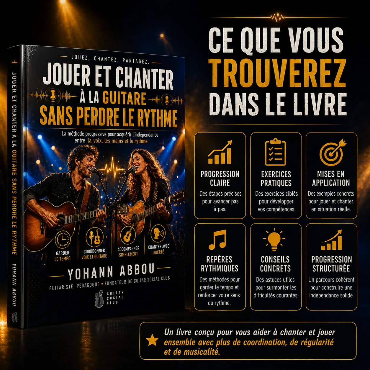 Contenu du livre avec progression claire, exercices pratiques, mise en application, repères rythmiques et conseils concrets