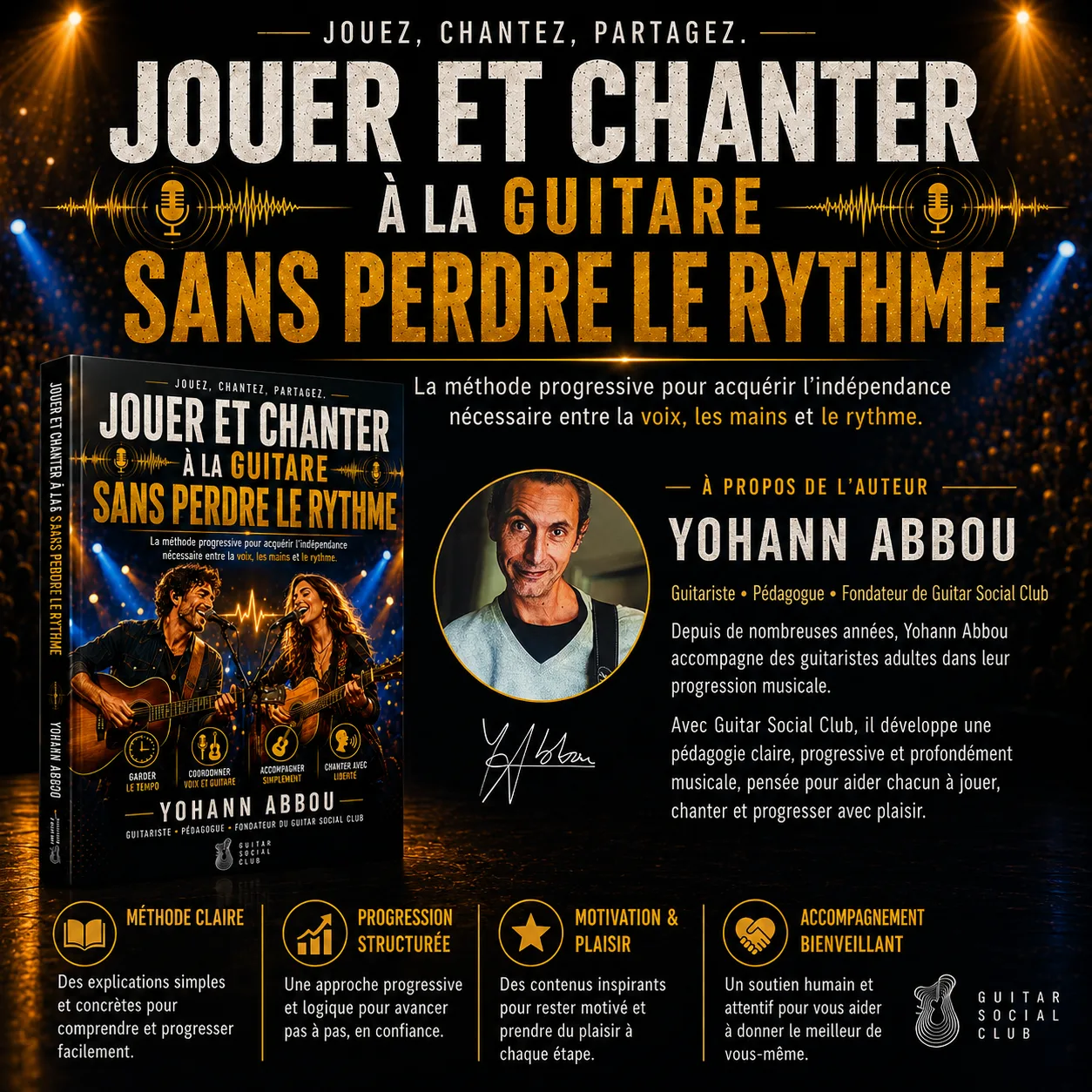 Livre Jouer et chanter à la guitare conçu par Yohann Abbou pour accompagner et chanter sans perdre le rythme