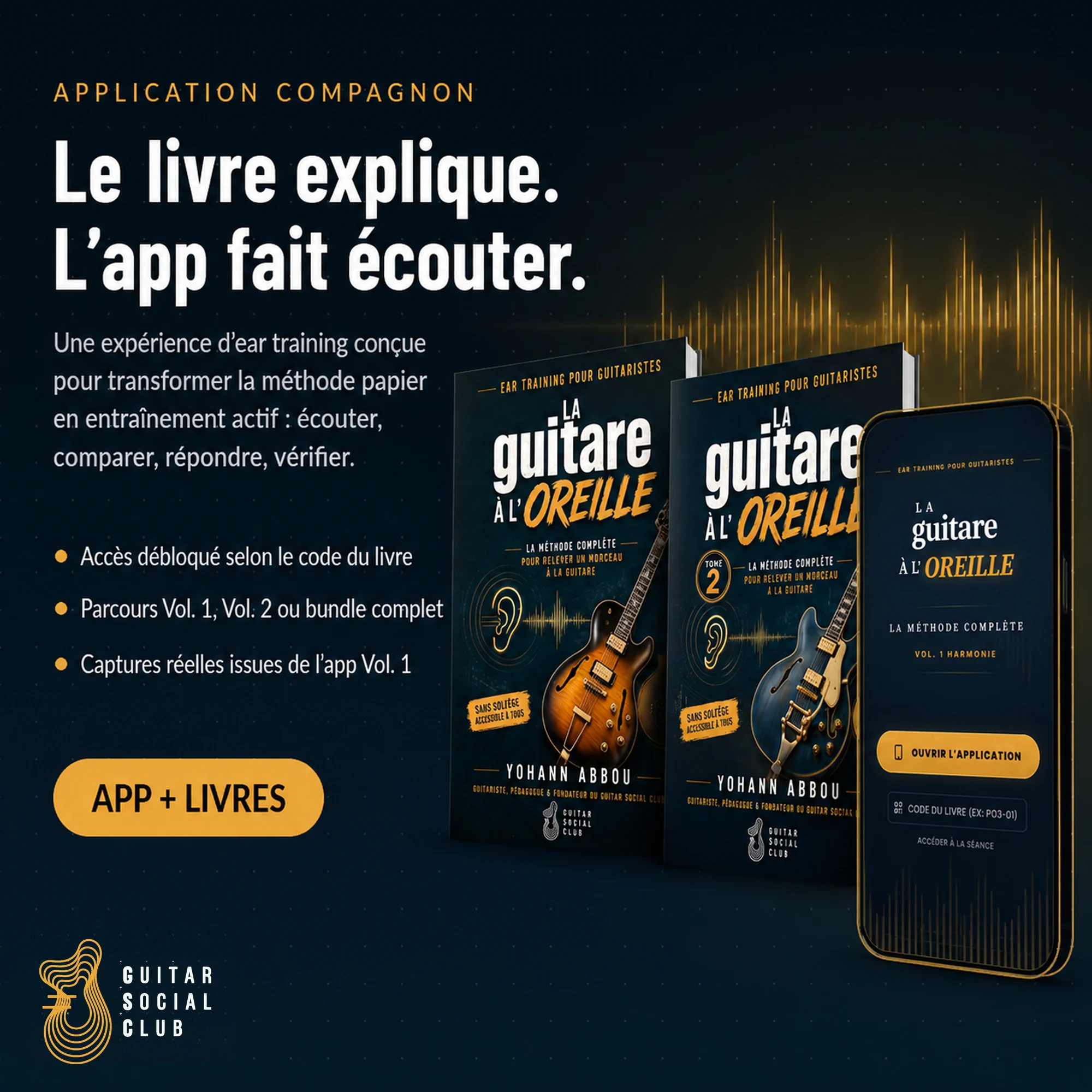 Visualiseur de l’app La guitare à l’oreille montrant les livres et l’application compagnon