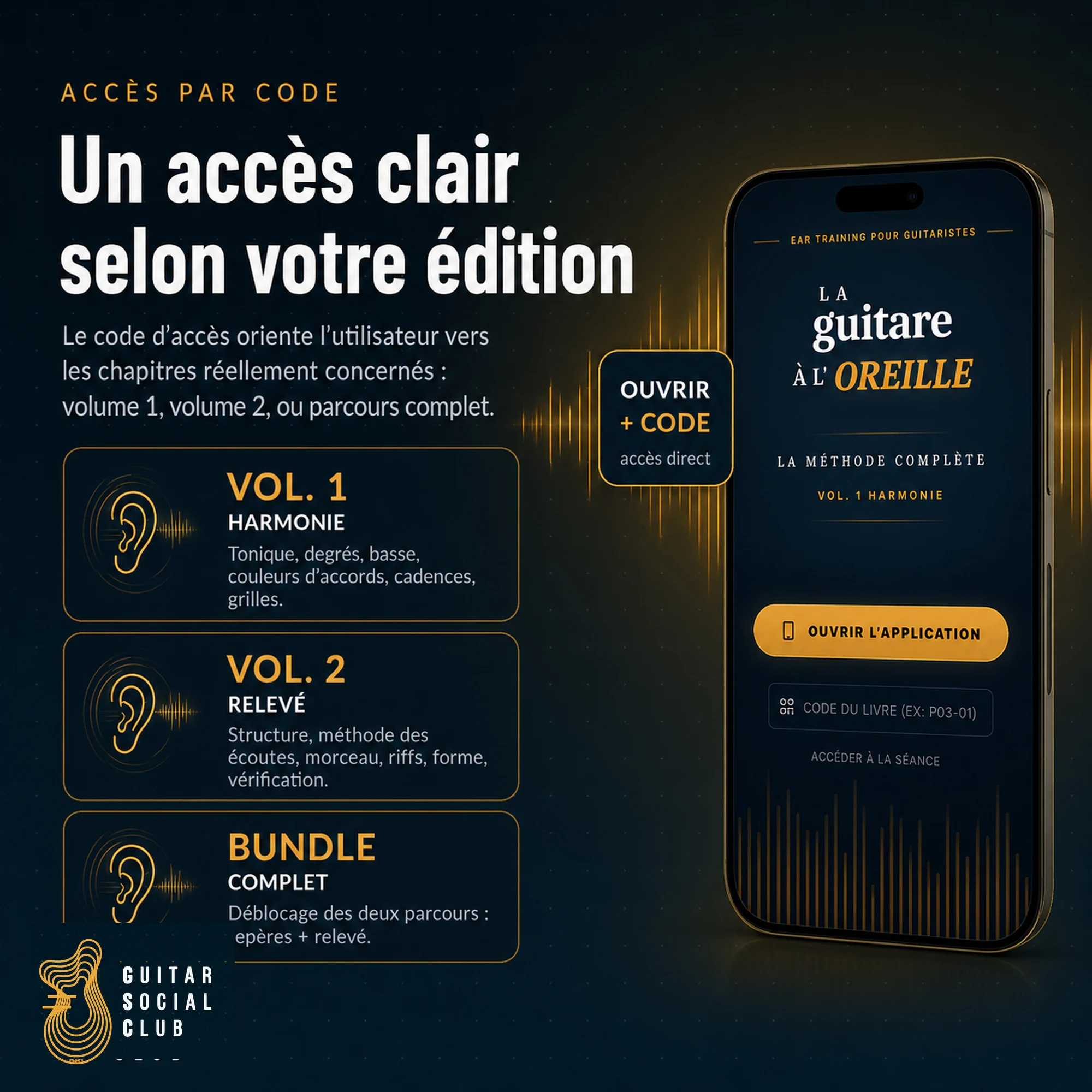 Accès à l’app La guitare à l’oreille grâce au code fourni avec les livres