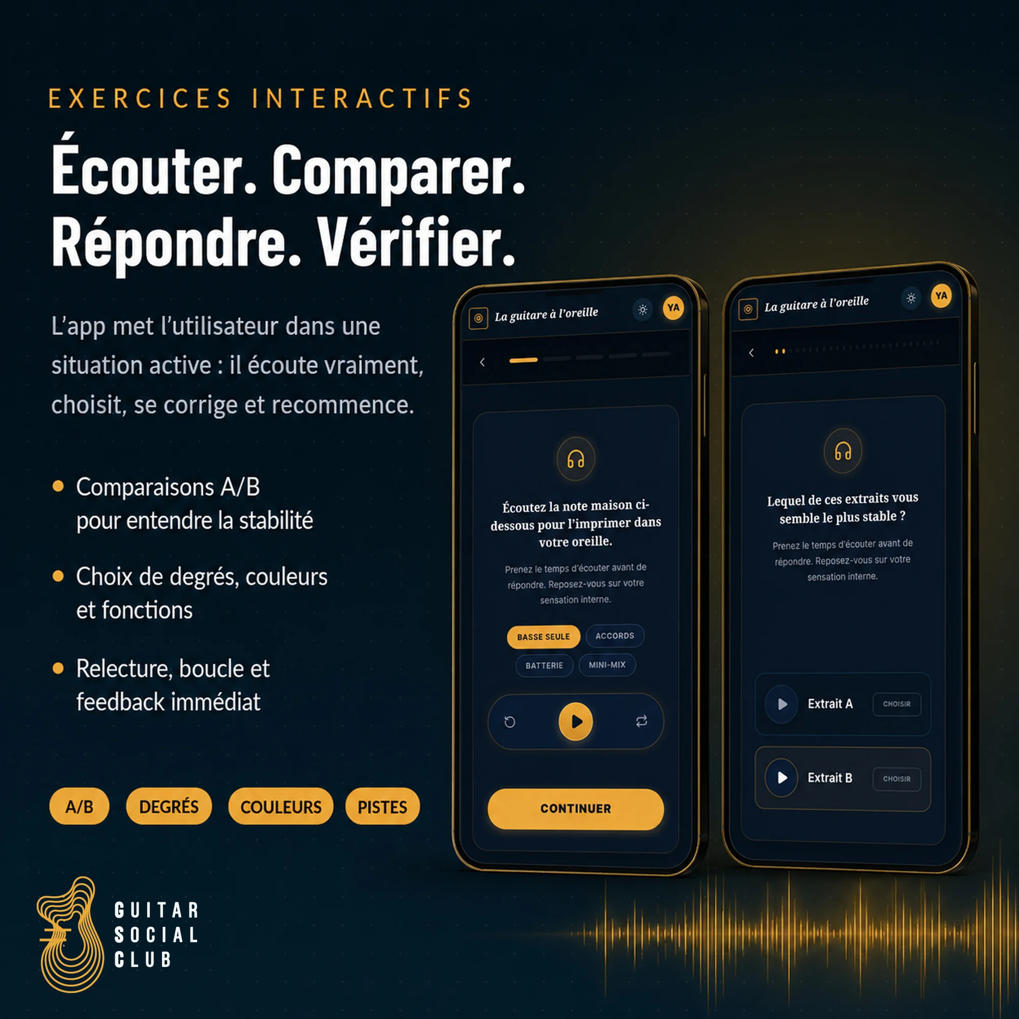 Exercices interactifs de l’application La guitare à l’oreille pour entraîner l’écoute