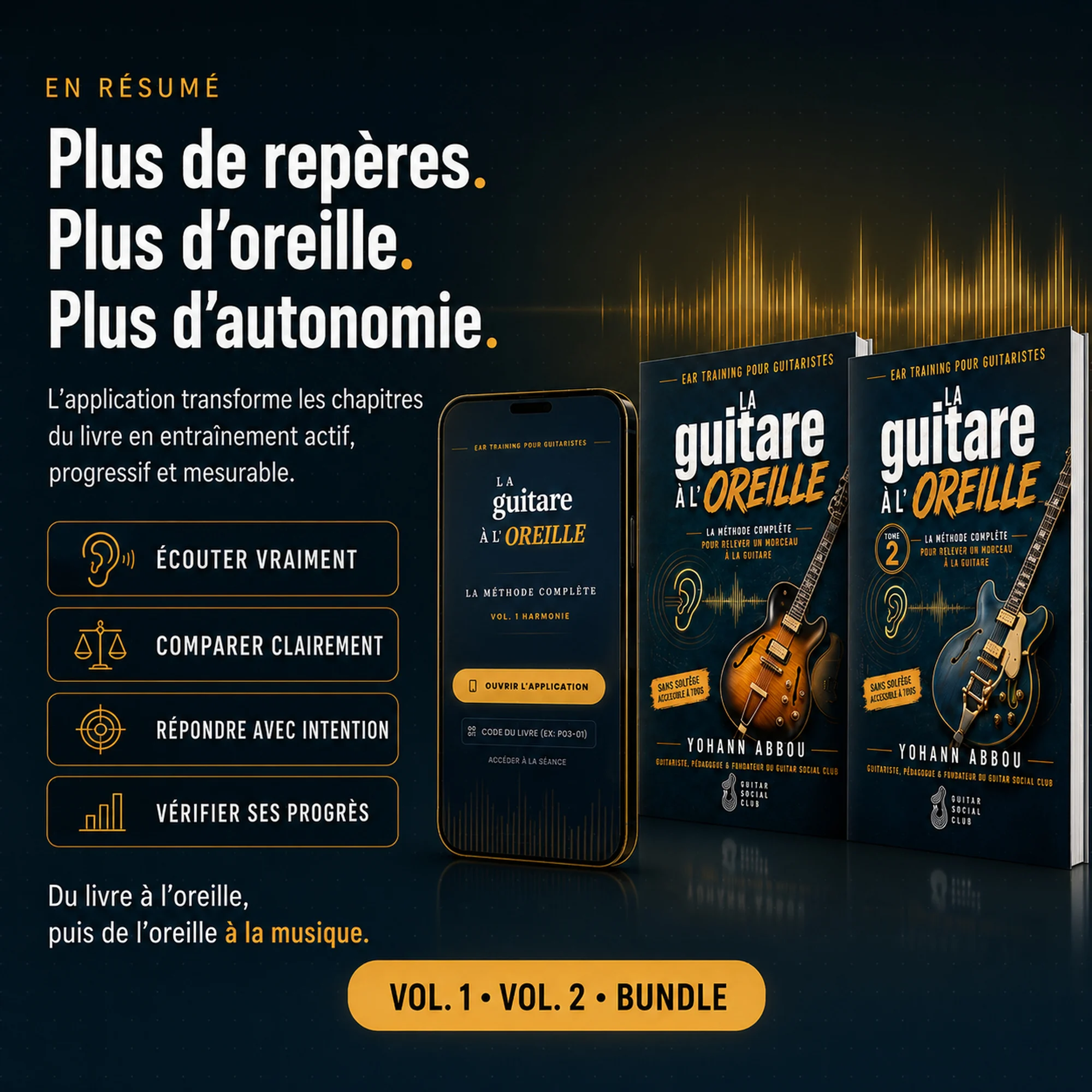Résumé de l’application La guitare à l’oreille avec les livres et le bundle complet
