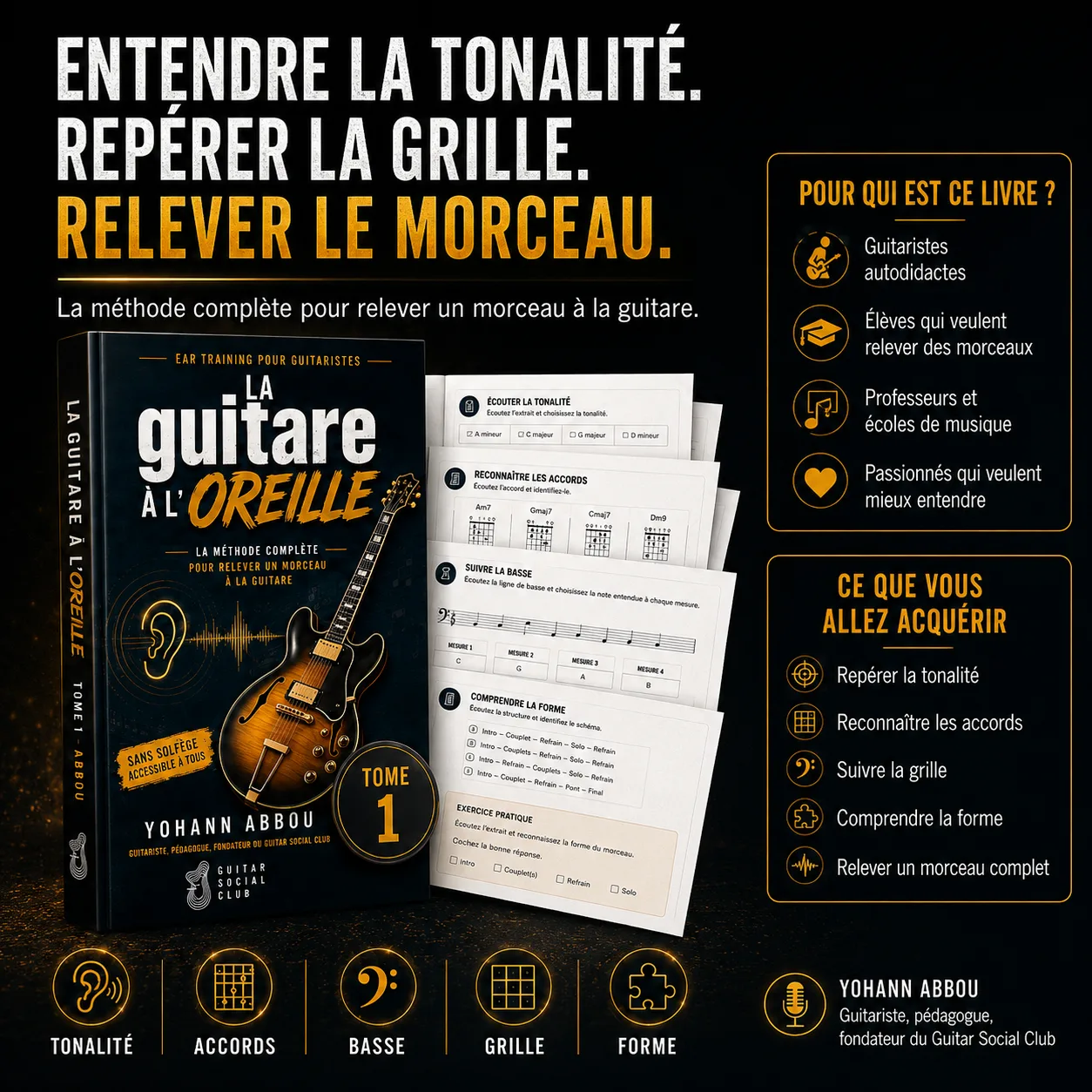Présentation du livre La guitare à l’oreille tome 1 pour entendre la tonalité, repérer la grille et relever un morceau