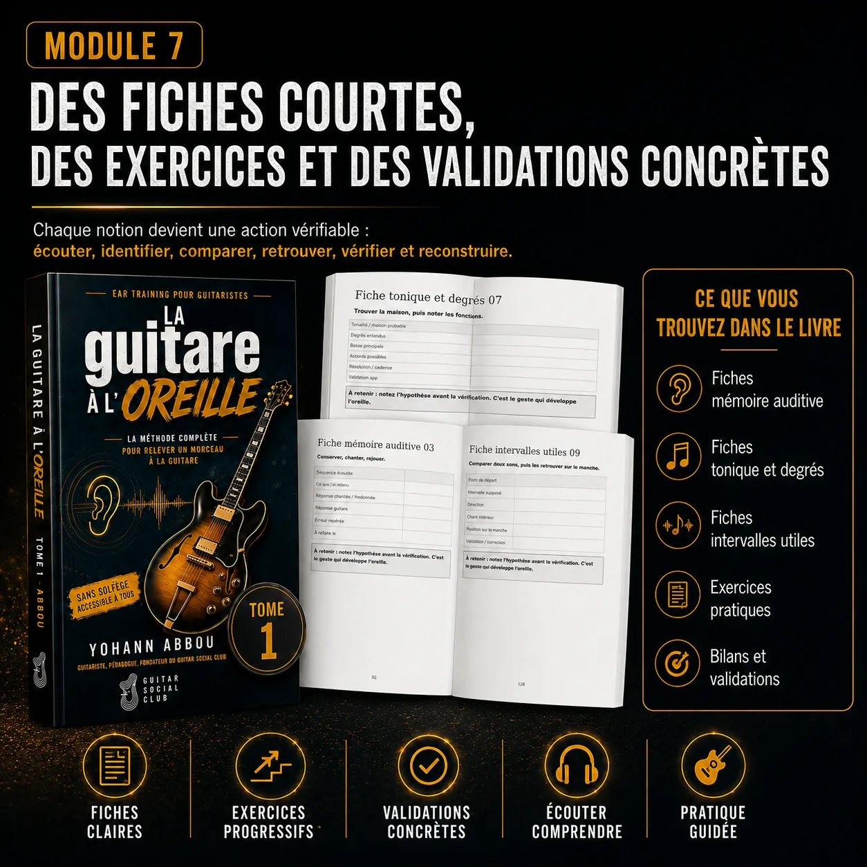 Aperçu des fiches courtes, exercices et validations concrètes du livre La guitare à l’oreille tome 1